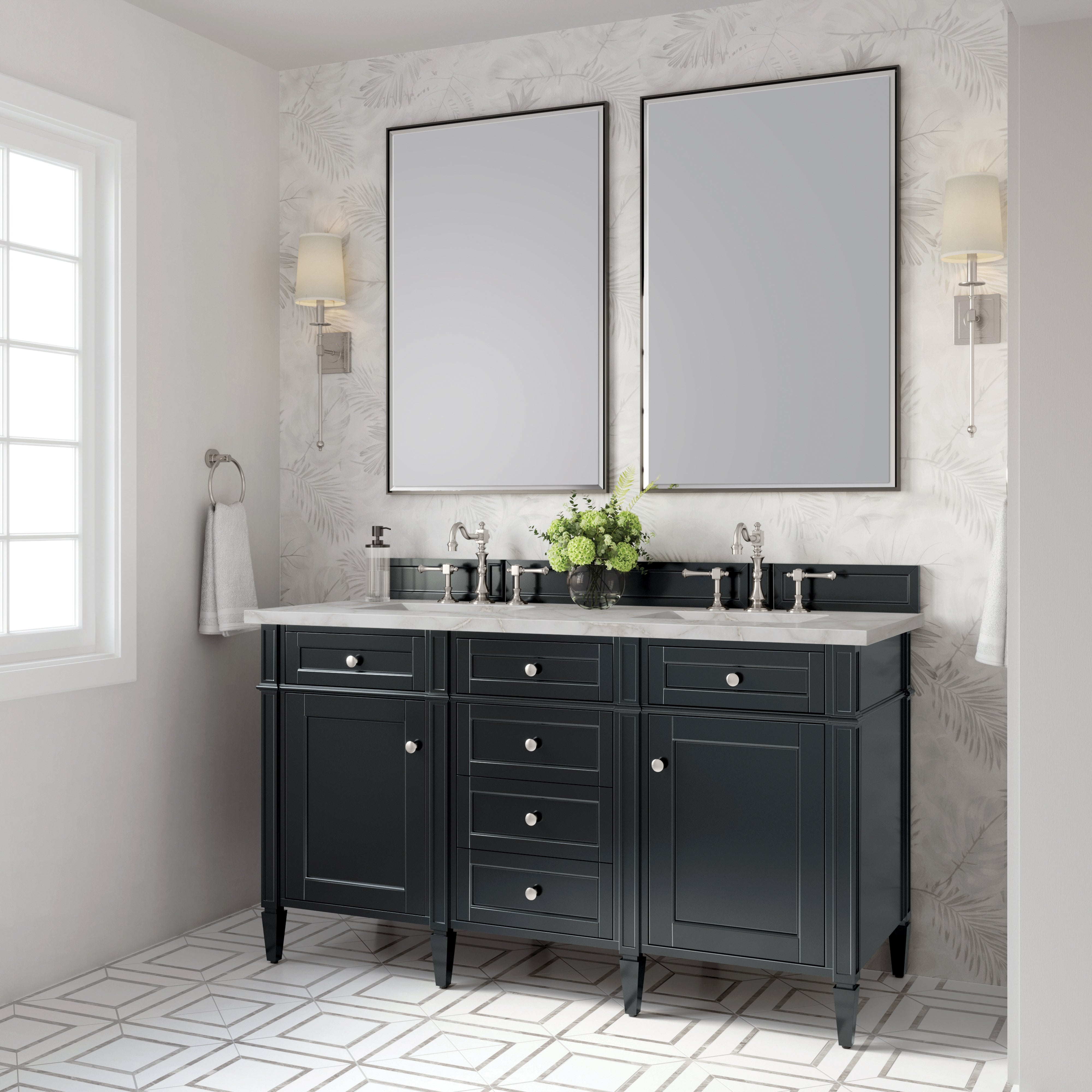 James Martin Brittany 60" Double Vanity in Black Onyx with 3cm Countertop and FreePower Wireless Charger