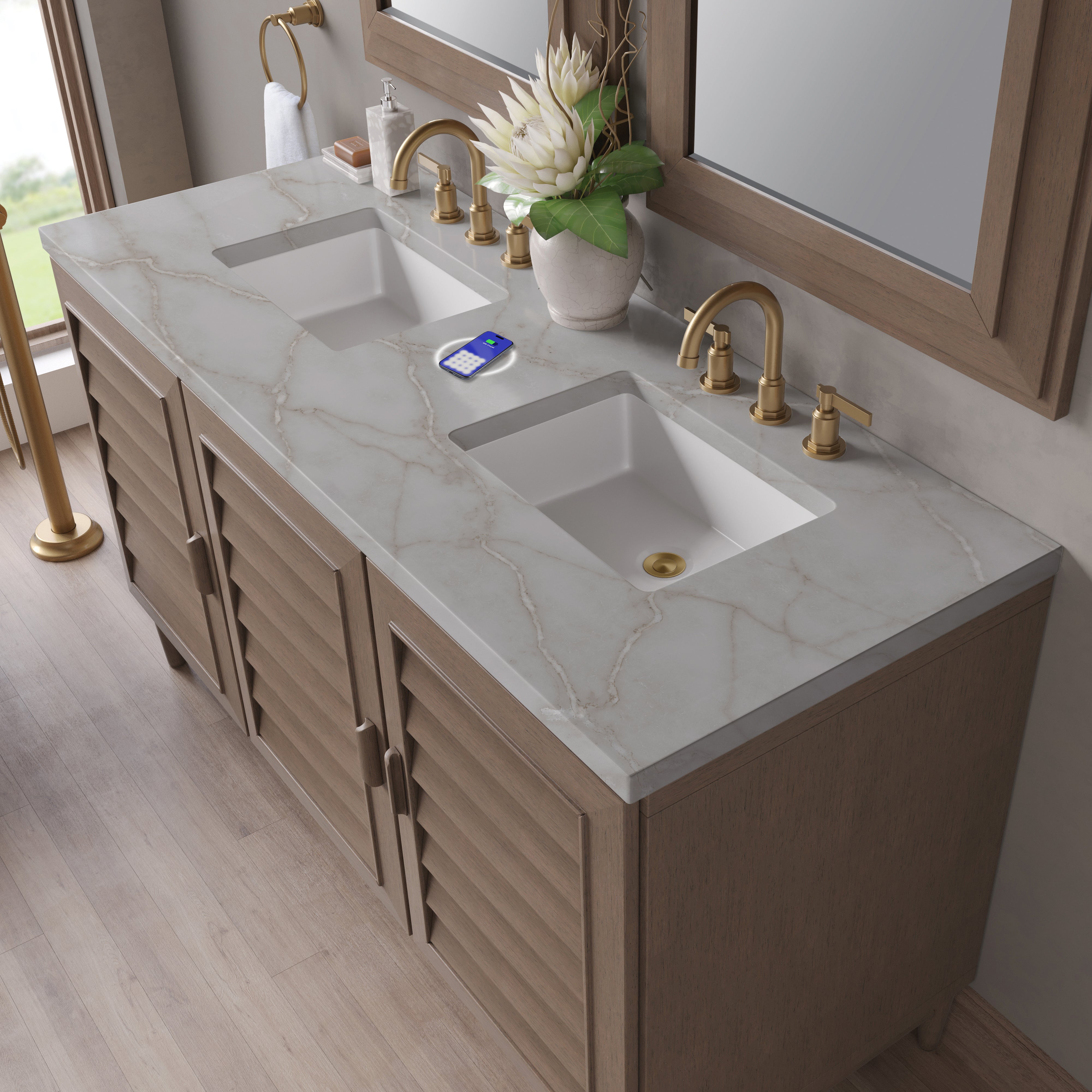 James Martin Portland 60" Double Vanity in Whitewashed Walnut with 3cm Countertop and FreePower Wireless Charger
