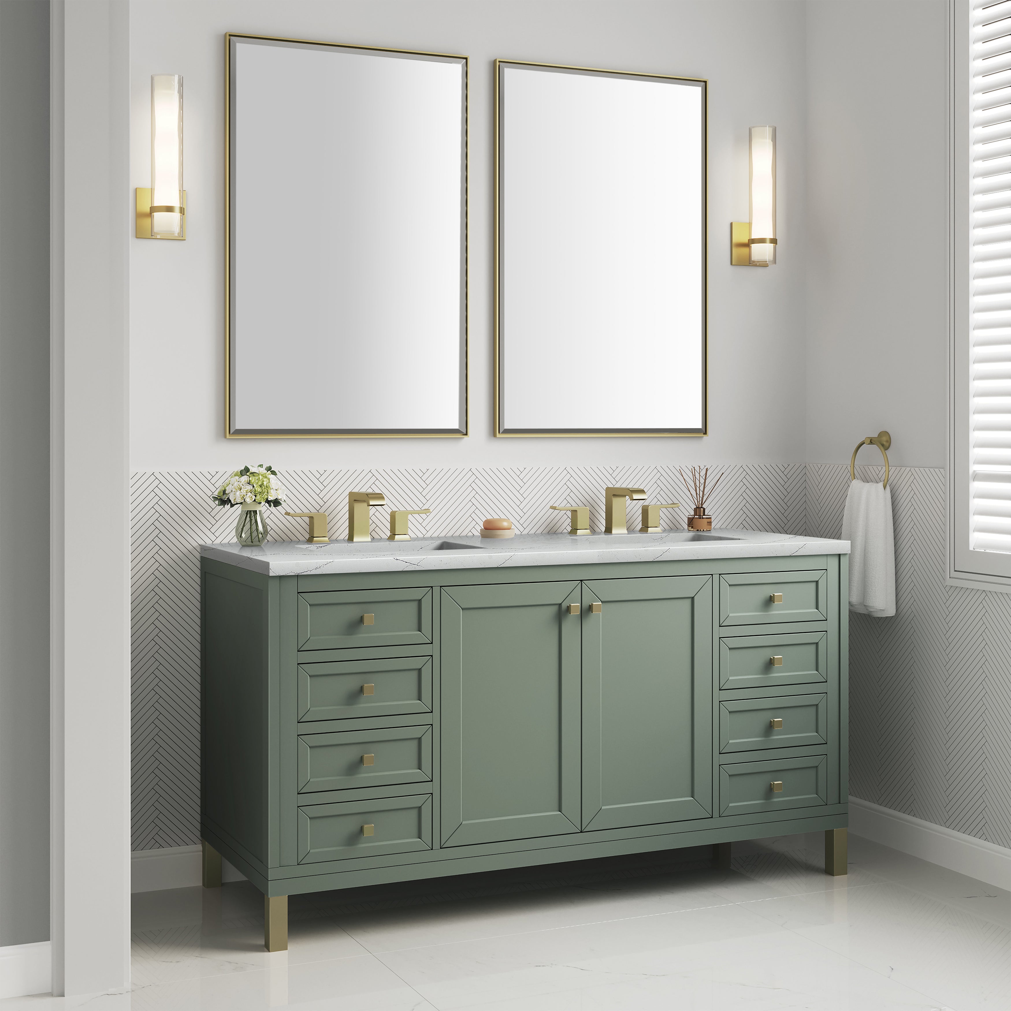 James Martin Chicago 60" Double Vanity in Smokey Celadon with 3cm Countertop and FreePower Wireless Charger