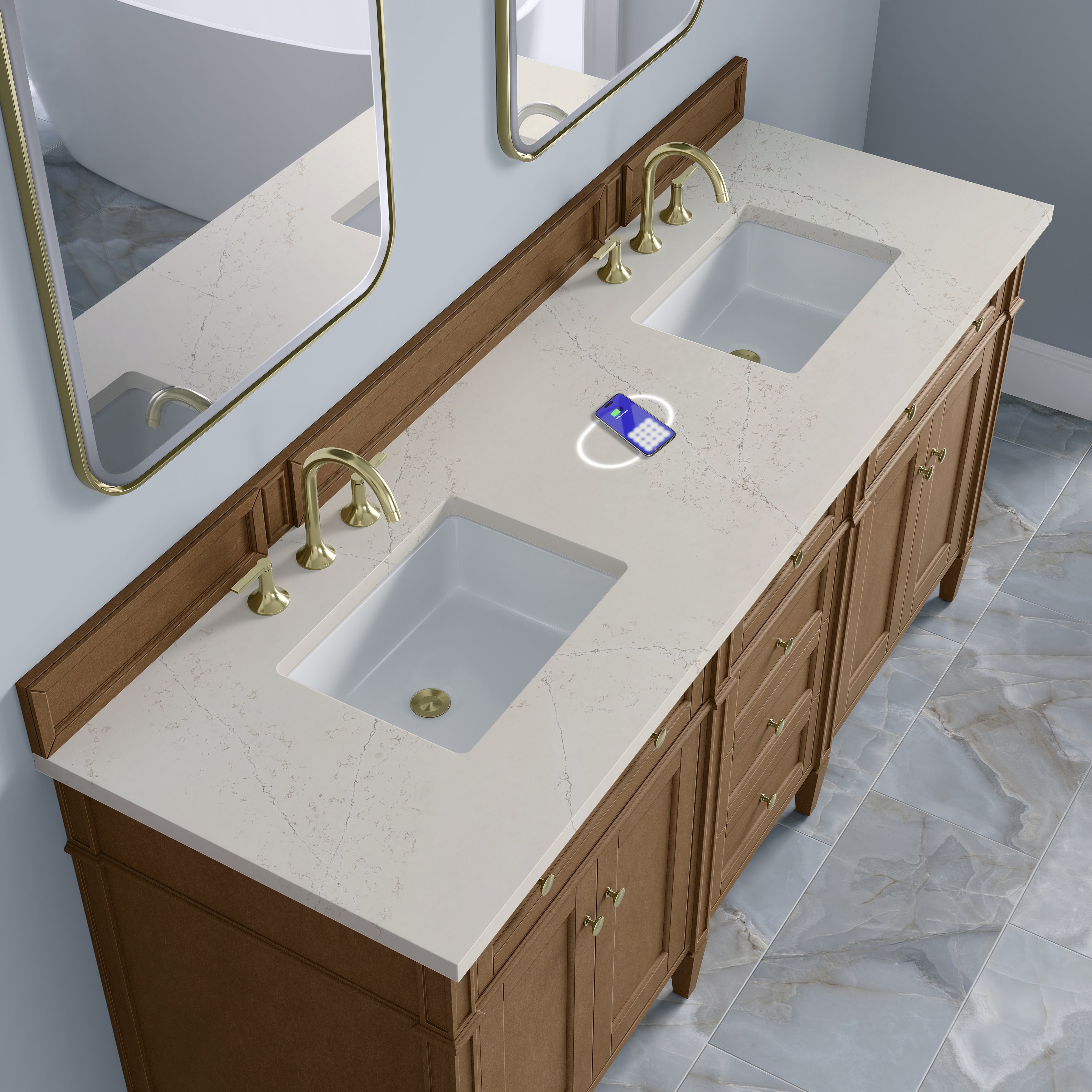 James Martin Brittany 72" Double Vanity in Pecan with 3cm Countertop and FreePower Wireless Charger