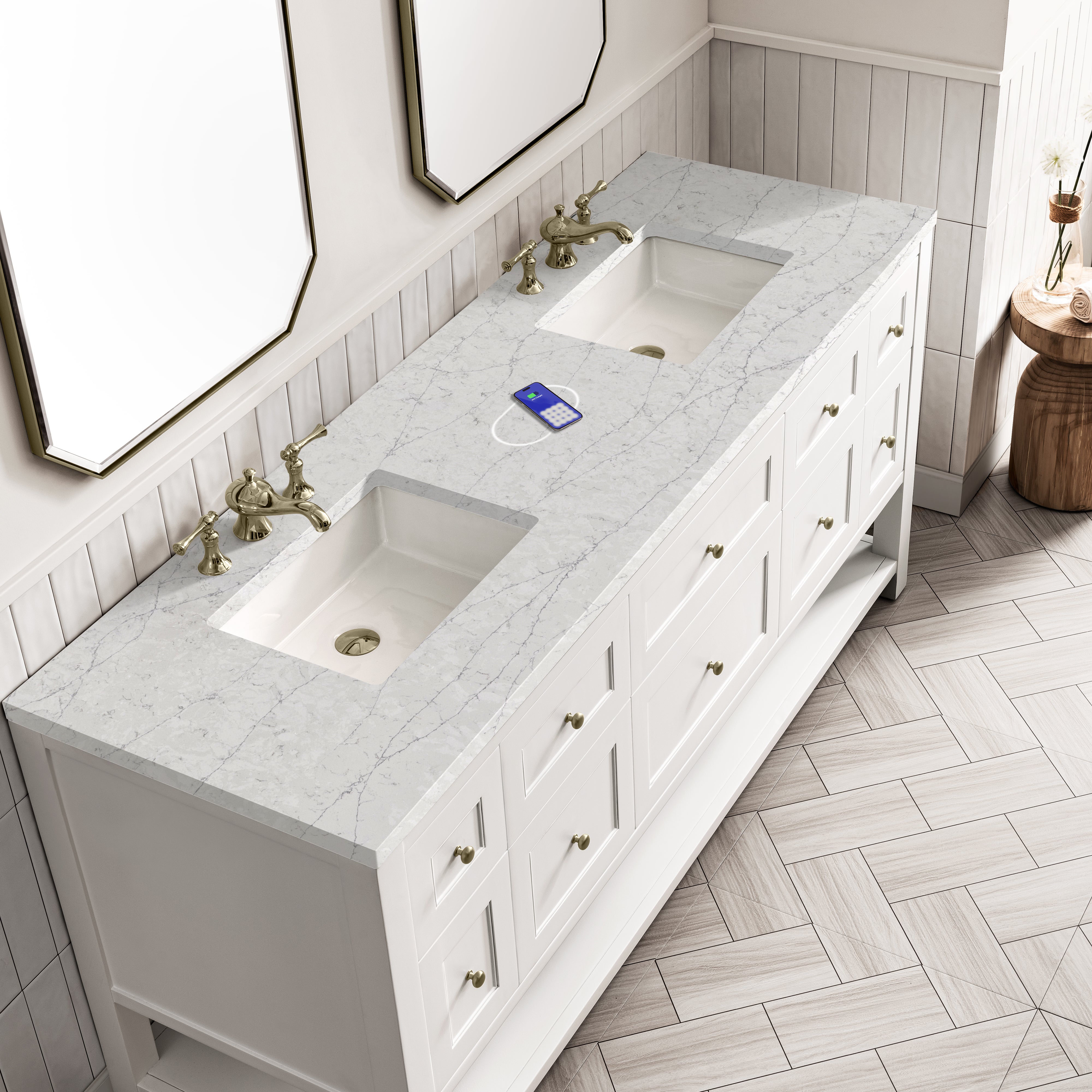 James Martin Breckenridge 72" Double Vanity in Bright White with 3cm Countertop and FreePower Wireless Charger