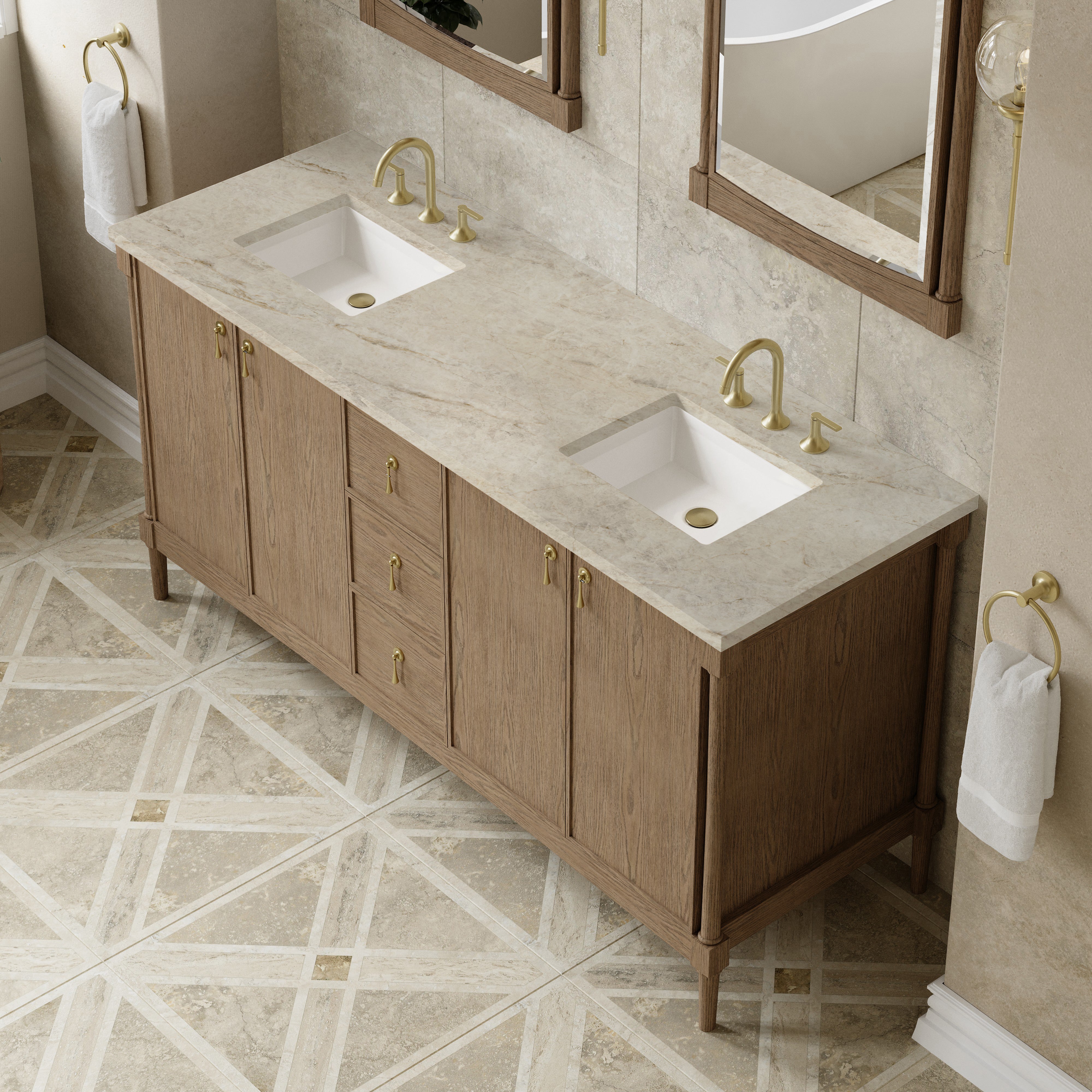 James Martin Kinnsden 72" Double Vanity in Weathered Oak with 3cm Carrara Marble Top and FreePower Wireless Charger