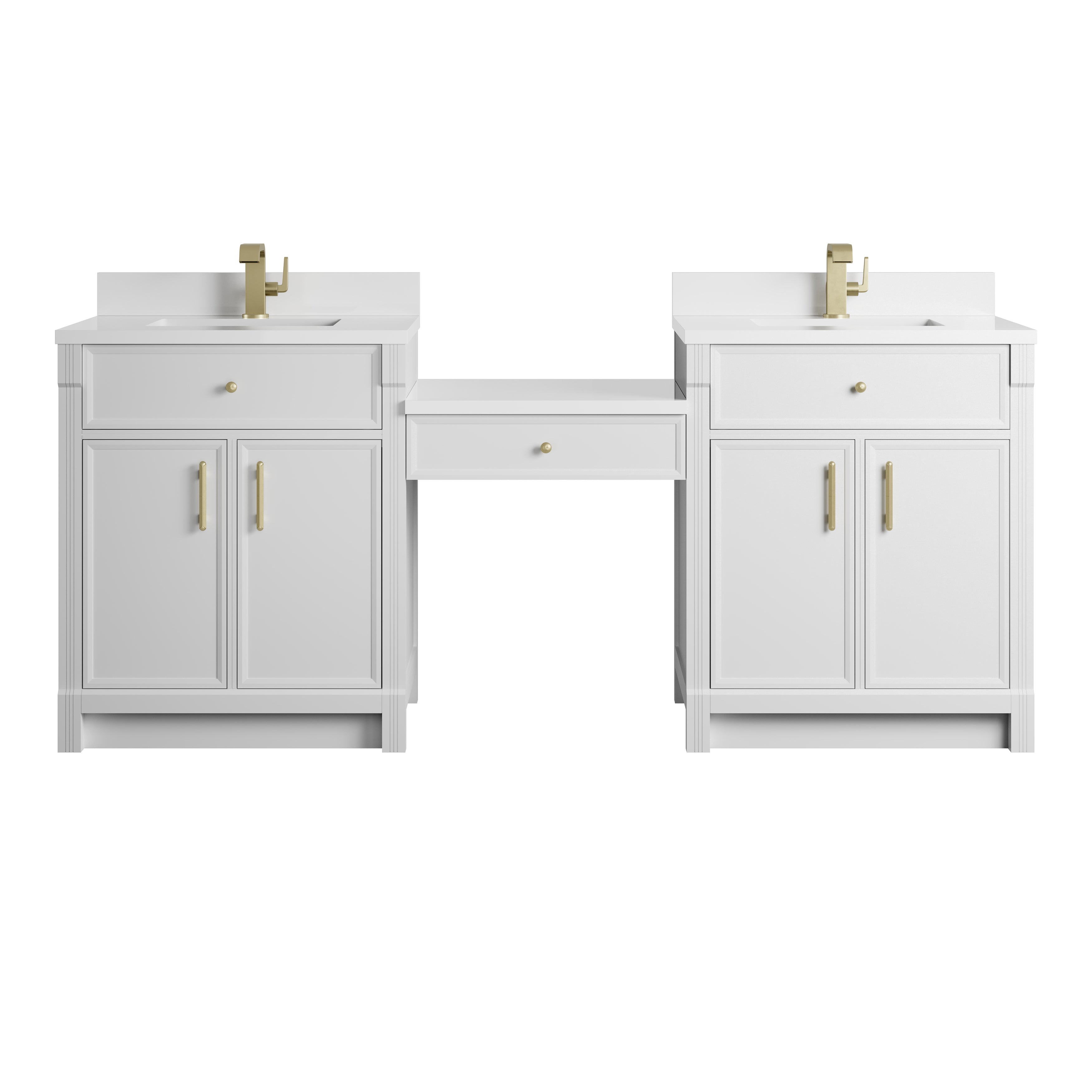 James Martin Bellshire 84" Dual Vanity Set with 24" Make-Up Counter in Bright White with 3cm Countertop