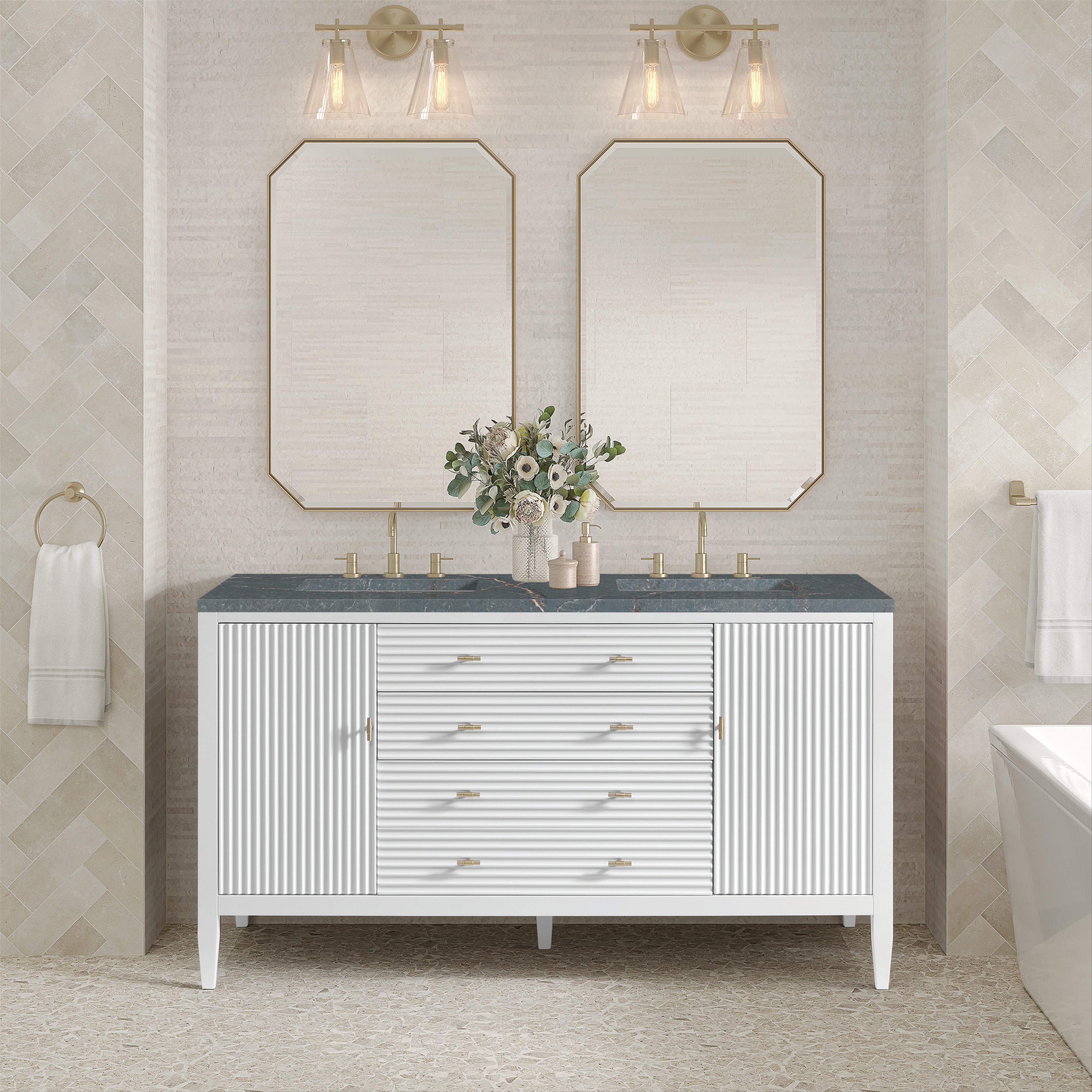 James Martin Myrrin 60" Double Vanity in Bright White with 3cm Countertop