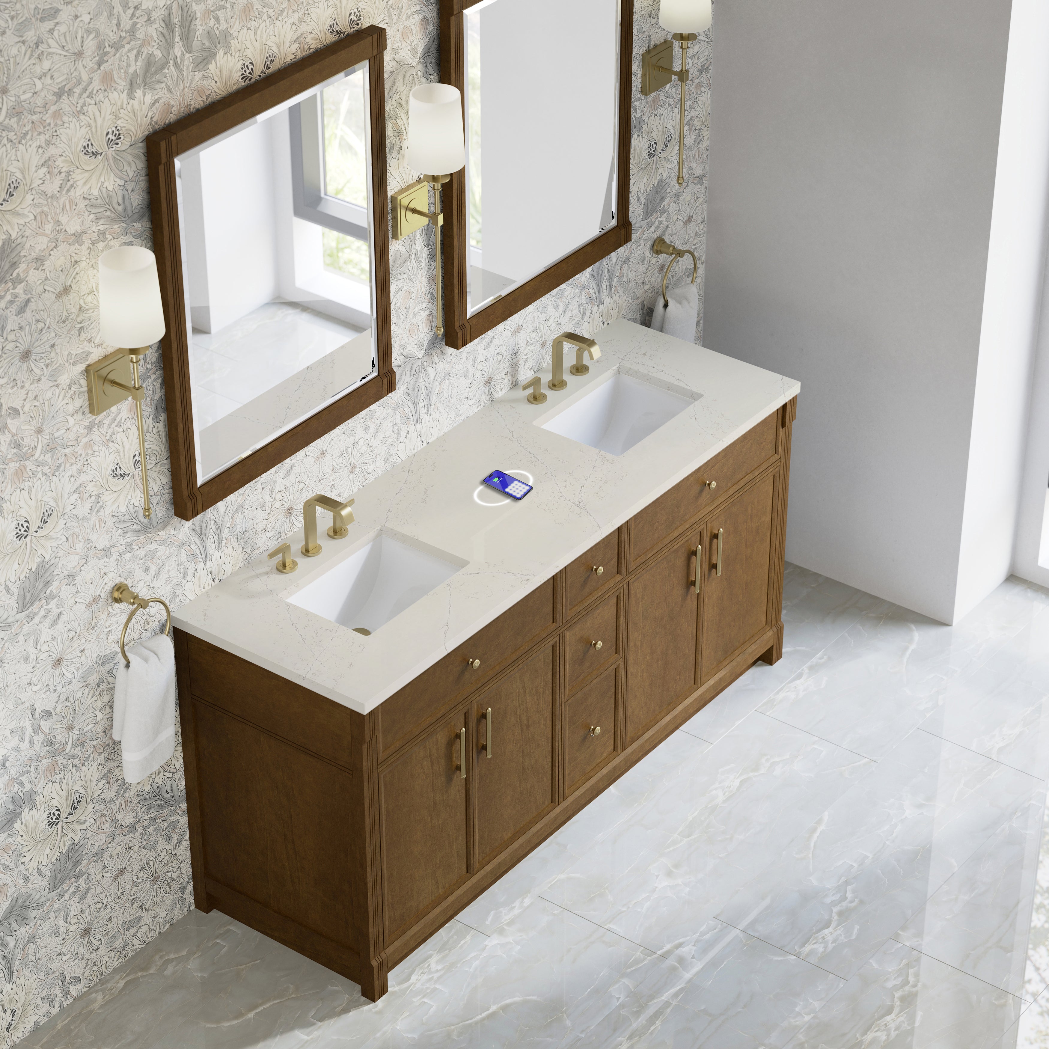 James Martin Bellshire 72" Double Vanity in Honey Oak with 3cm Countertop and FreePower Wireless Charger
