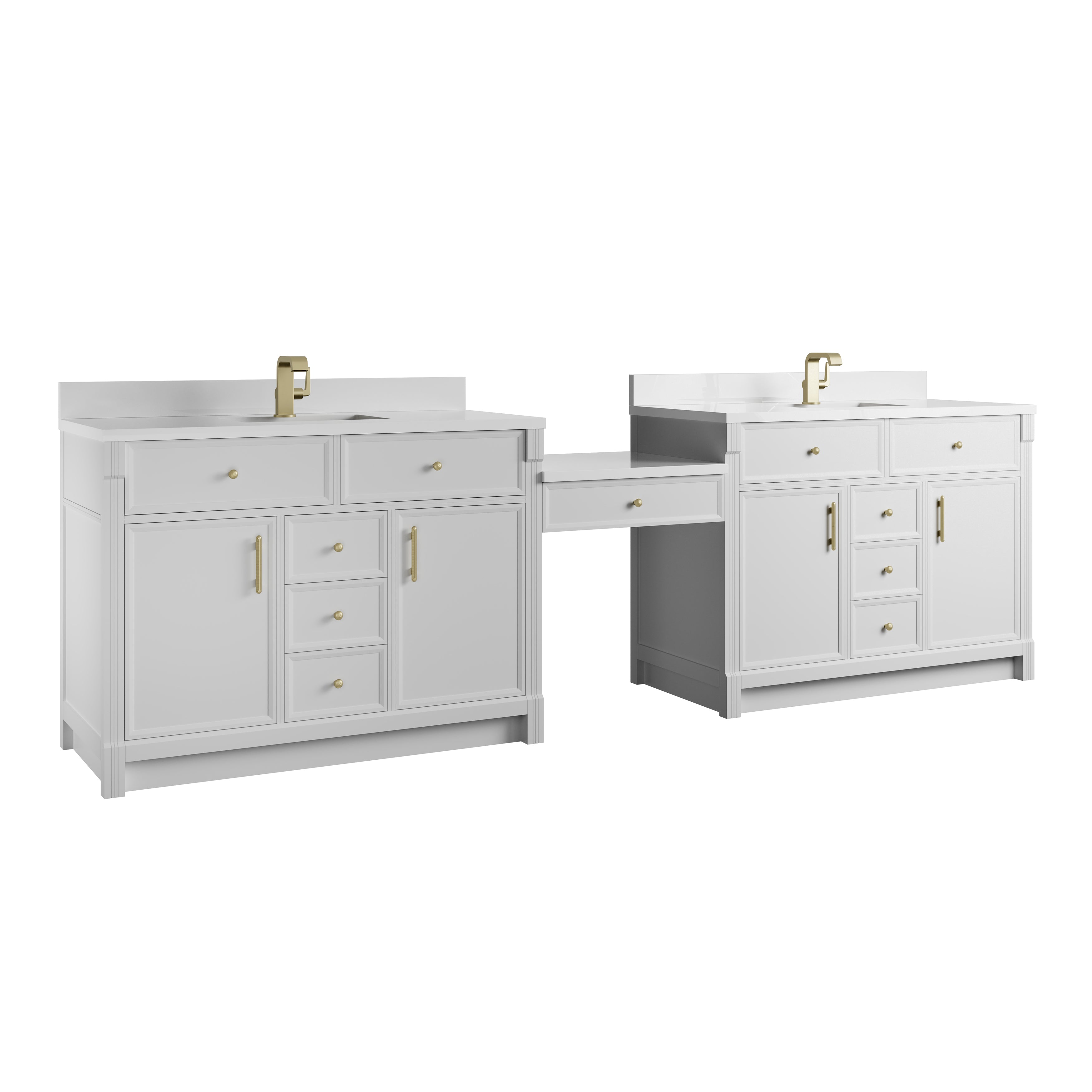 James Martin Bellshire 120" Dual Vanity Set with 24" Make-Up Counter in Bright White with 3cm Countertop