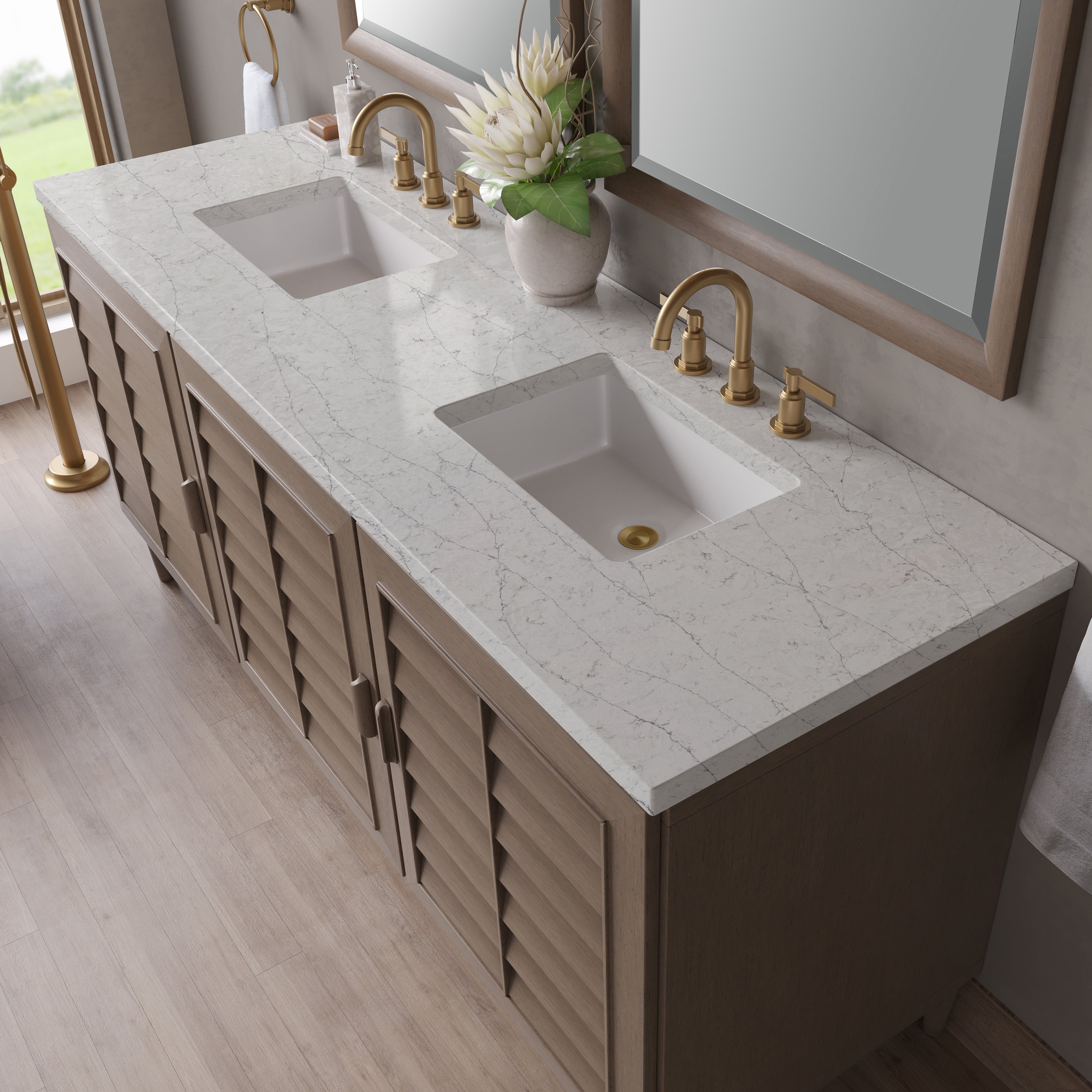 James Martin Portland 72" Double Vanity in Whitewashed Walnut with 3cm Countertop and FreePower Wireless Charger