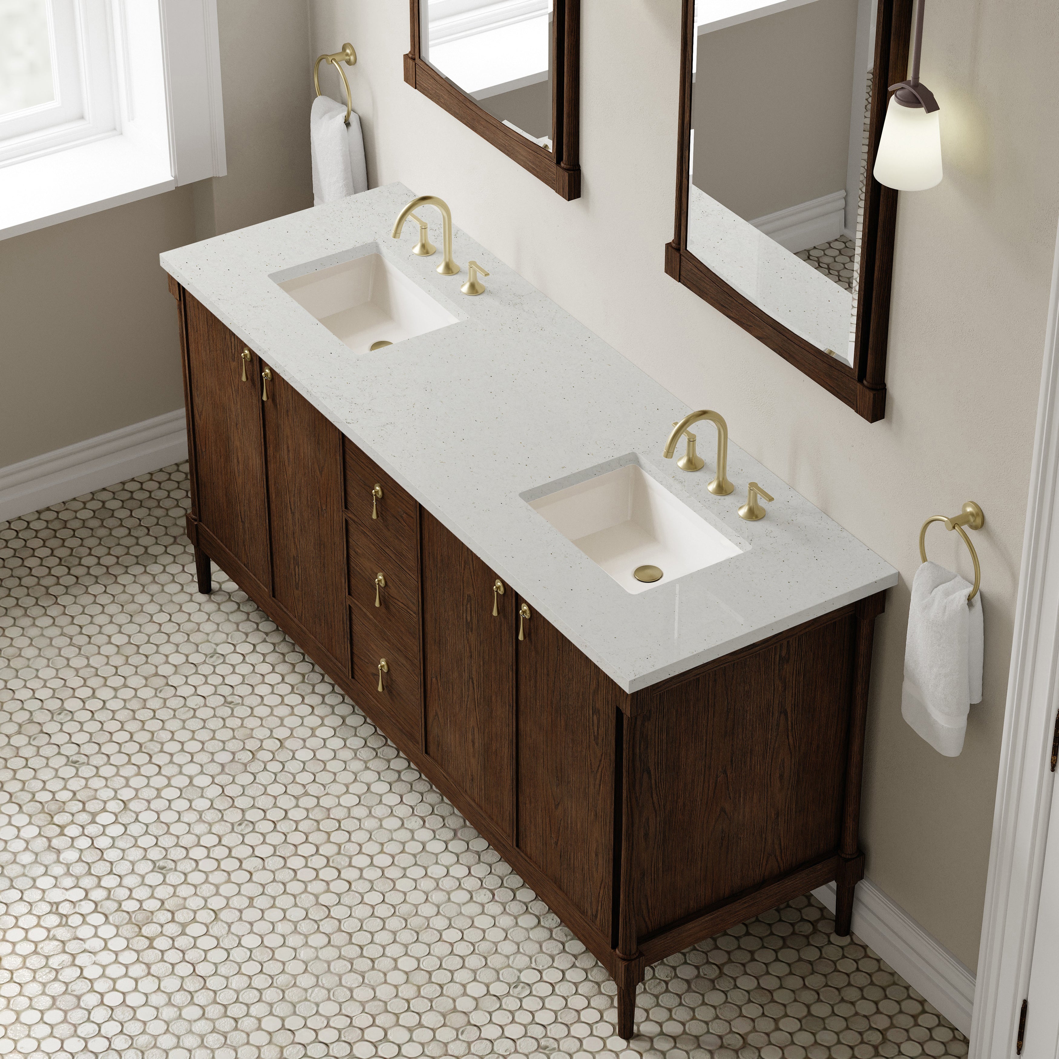 James Martin Kinnsden 72" Double Vanity in Sable Oak with 3cm Carrara Marble Top