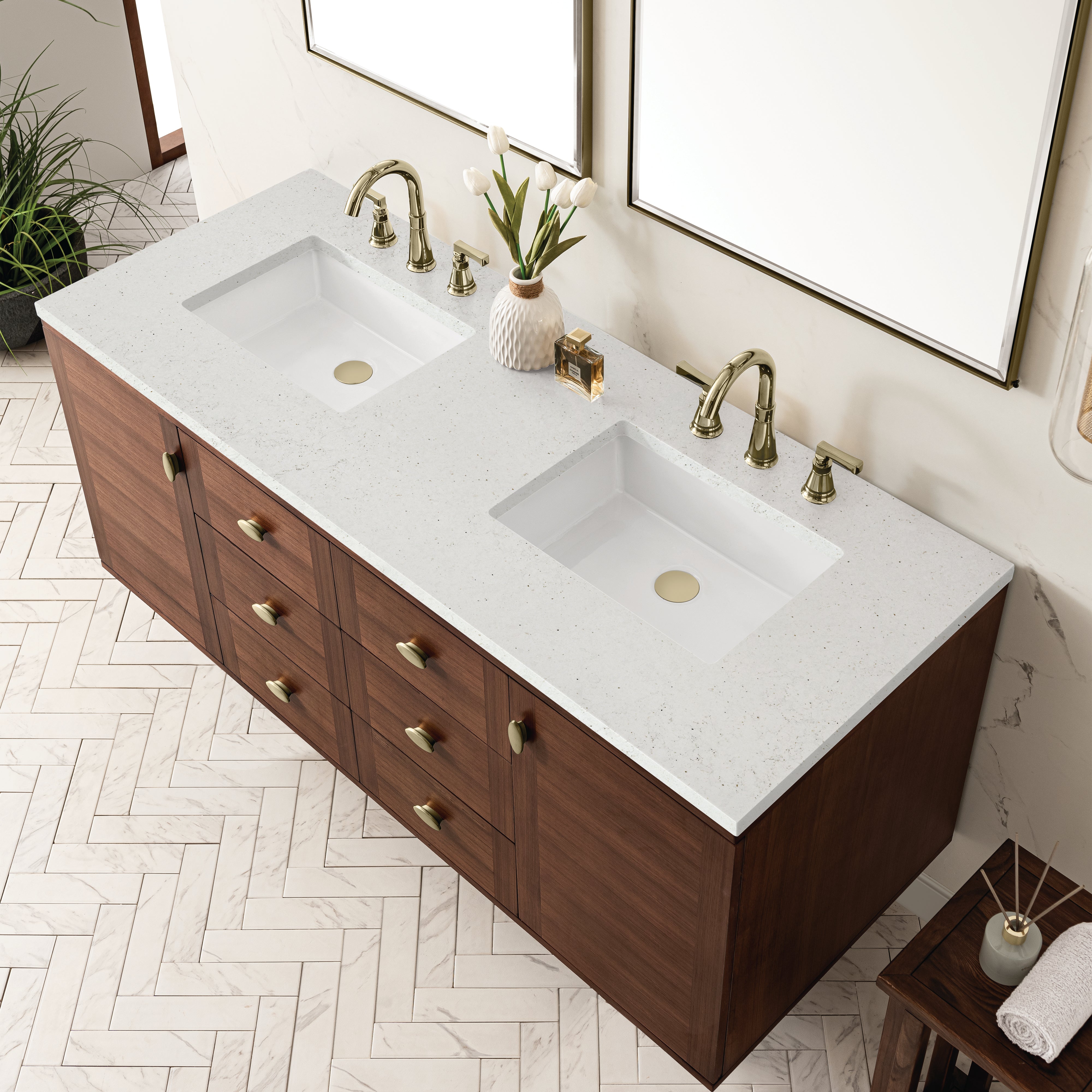 James Martin Amberly 60" Double Vanity in Mid-Century Walnut with 3cm Countertop