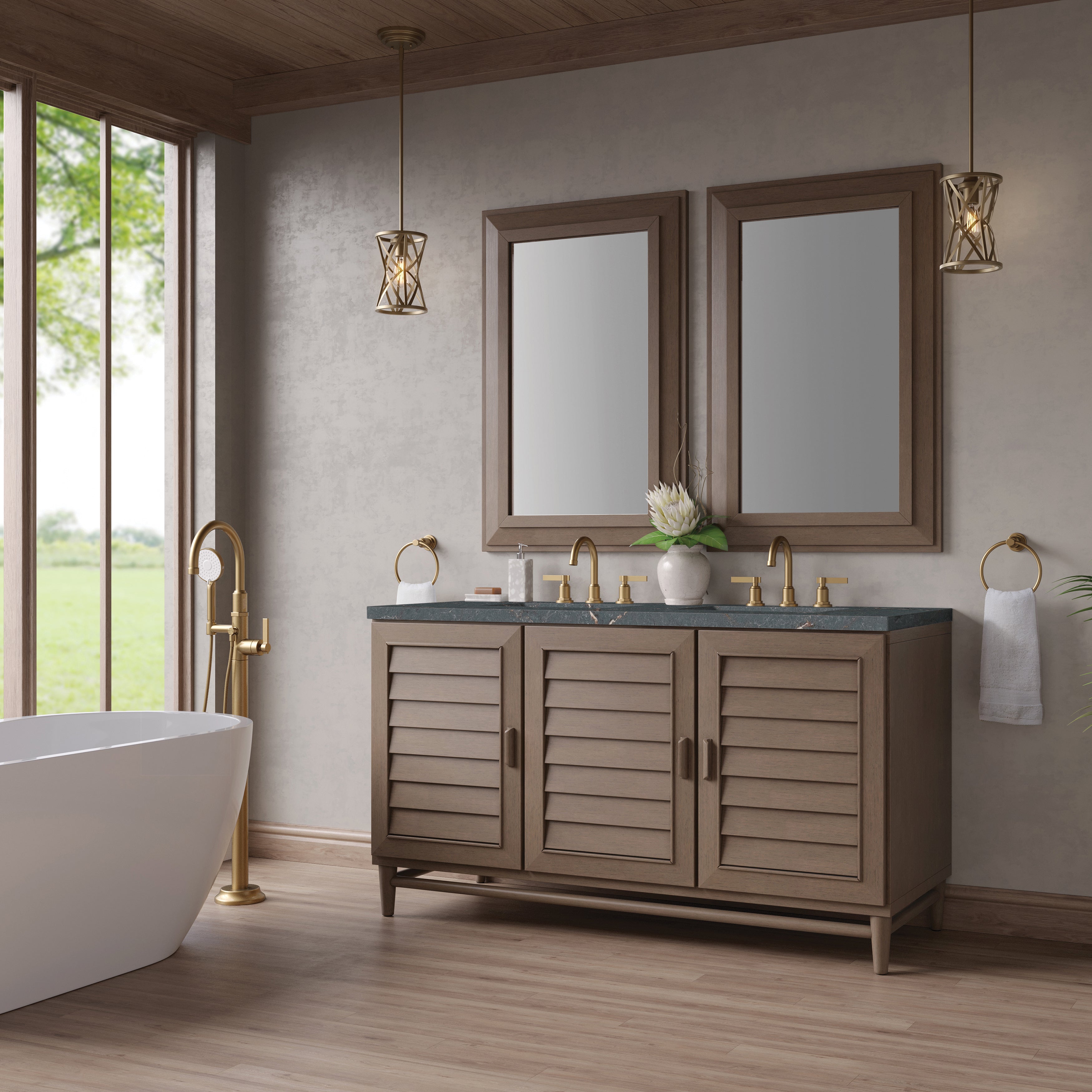 James Martin Portland 60" Double Vanity in Whitewashed Walnut with 3cm Countertop and FreePower Wireless Charger