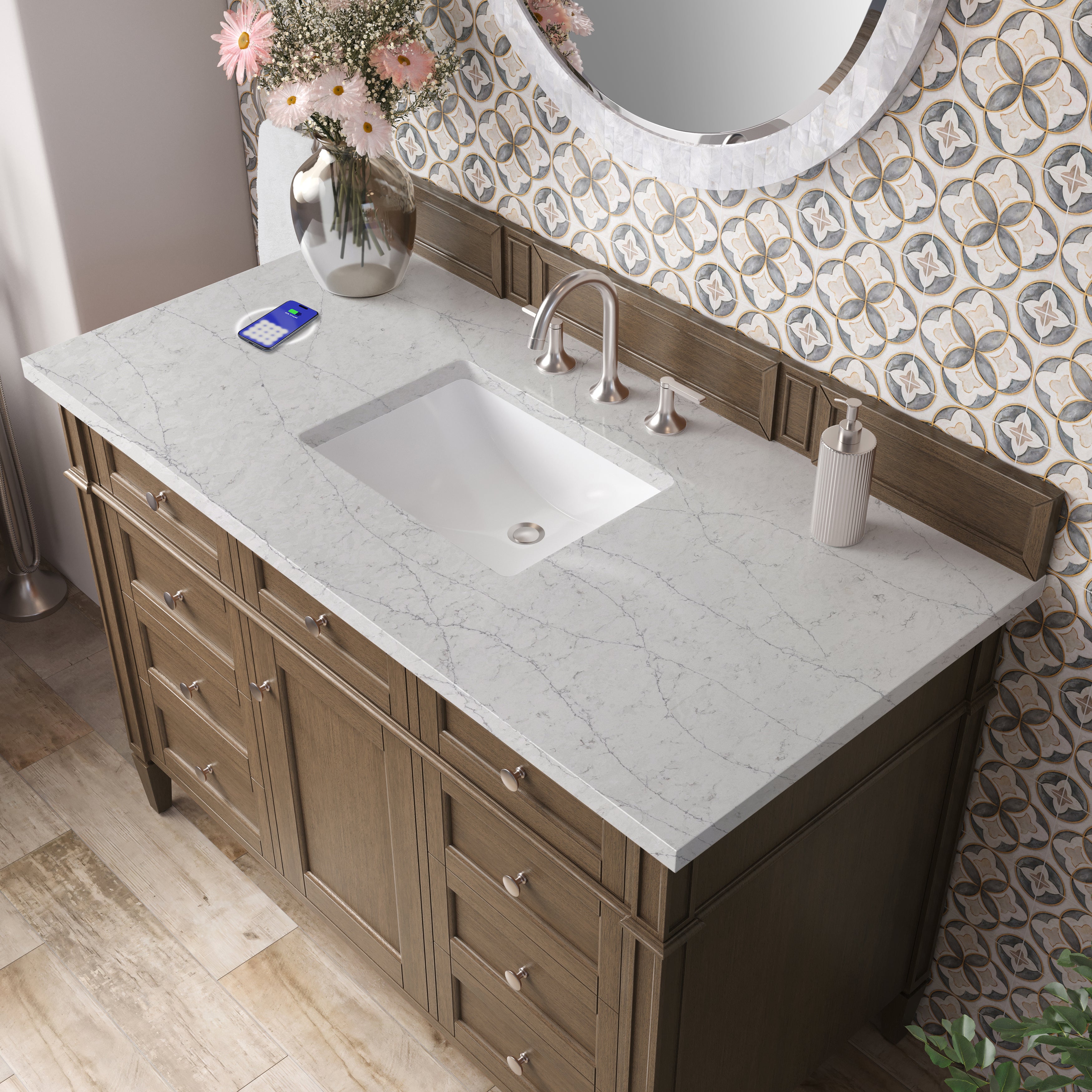 James Martin Brittany 48" Single Vanity in Saddle Brown with with 3cm Countertop and FreePower Wireless Charger