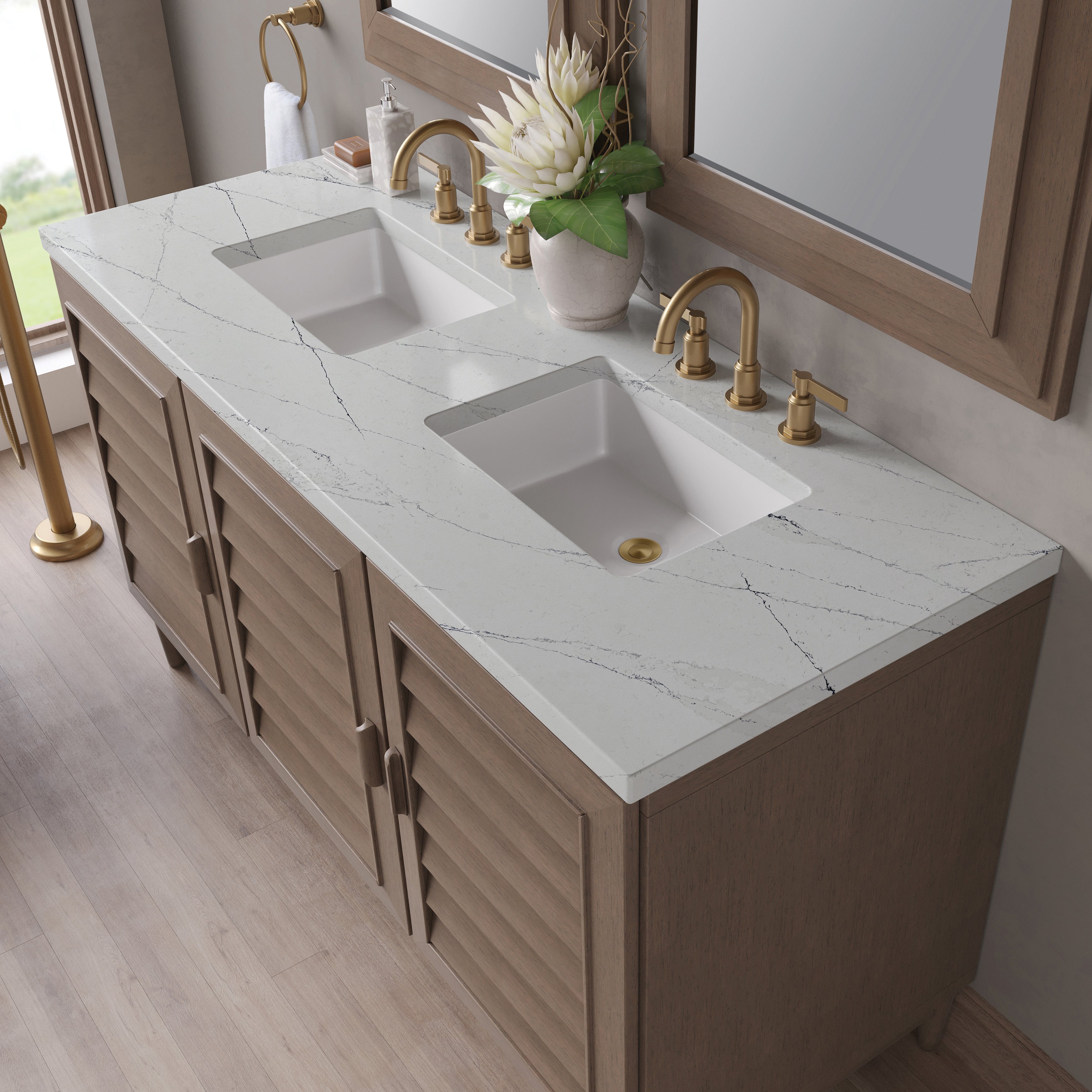 James Martin Portland 60" Double Vanity in Whitewashed Walnut with 3cm Countertop and FreePower Wireless Charger