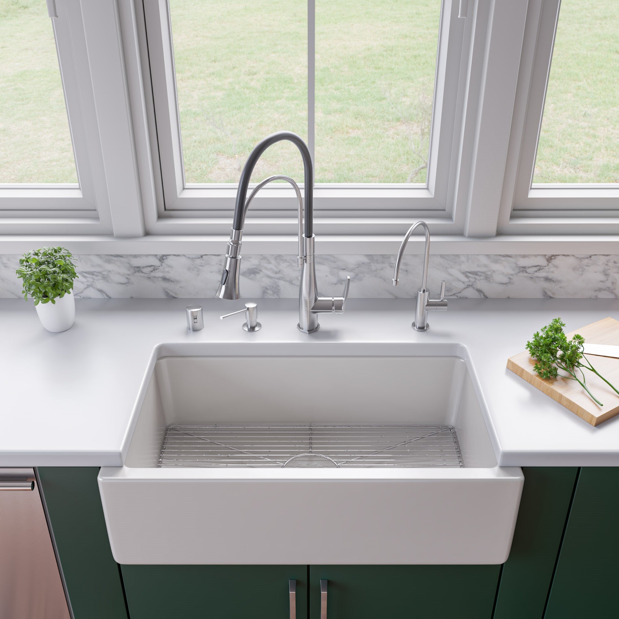 ALFI brand AB3318HS 33" x 18" Reversible Fluted / Smooth Fireclay Farm Sink