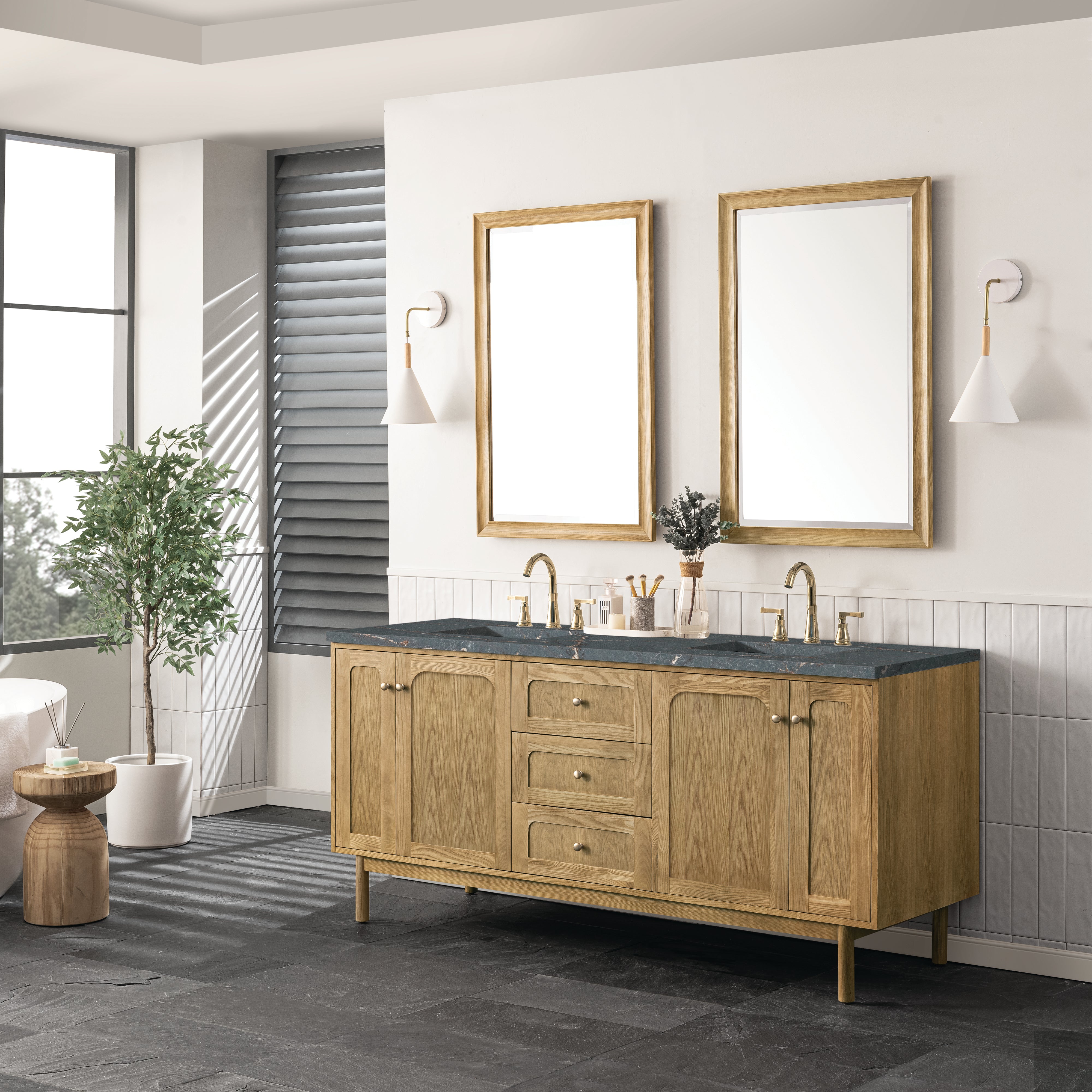 James Martin Laurent 72" Double Vanity in Light Natural Oak with 3cm Countertop and FreePower Wireless Charger