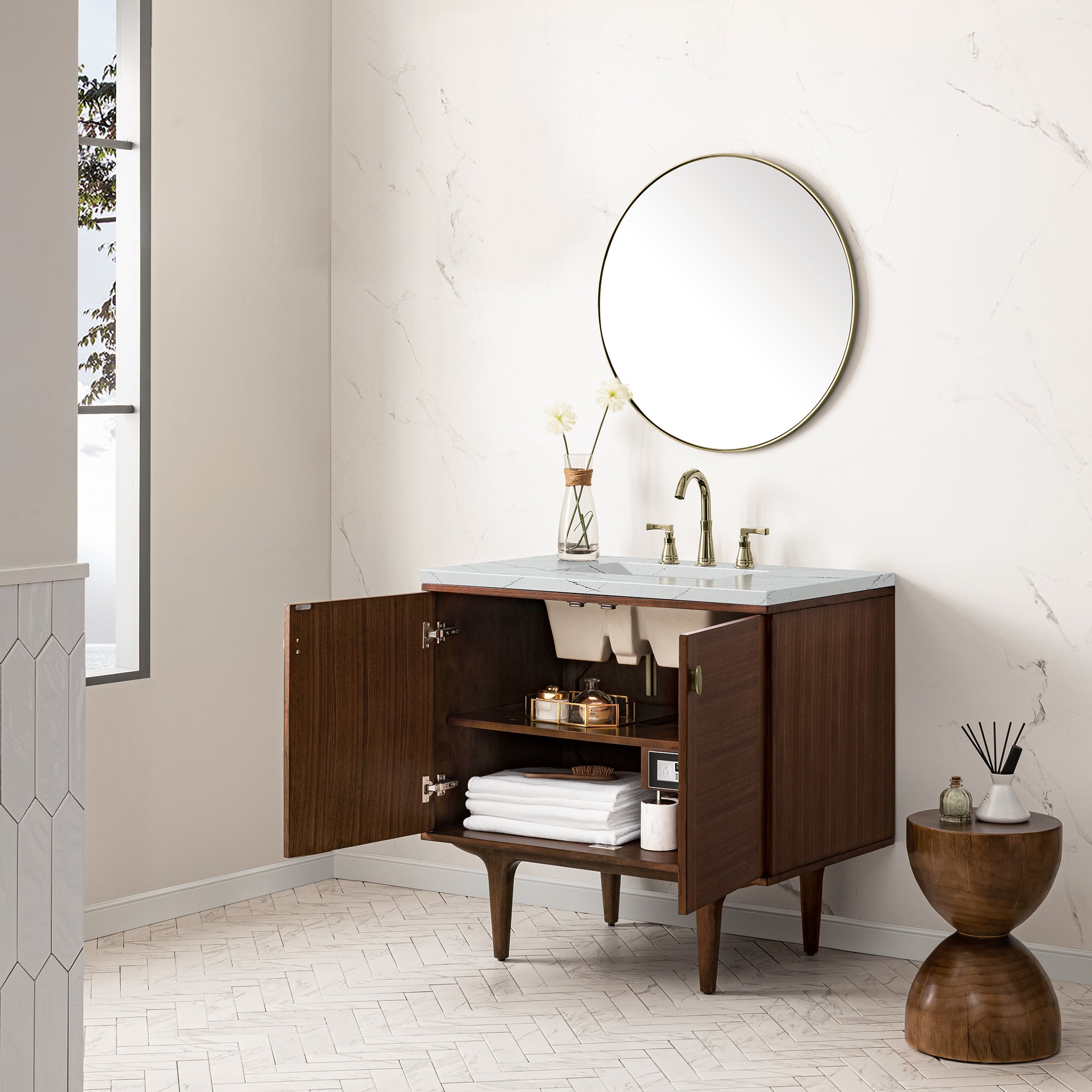 James Martin Amberly 36" Single Vanity in Mid-Century Walnut with 3cm Countertop
