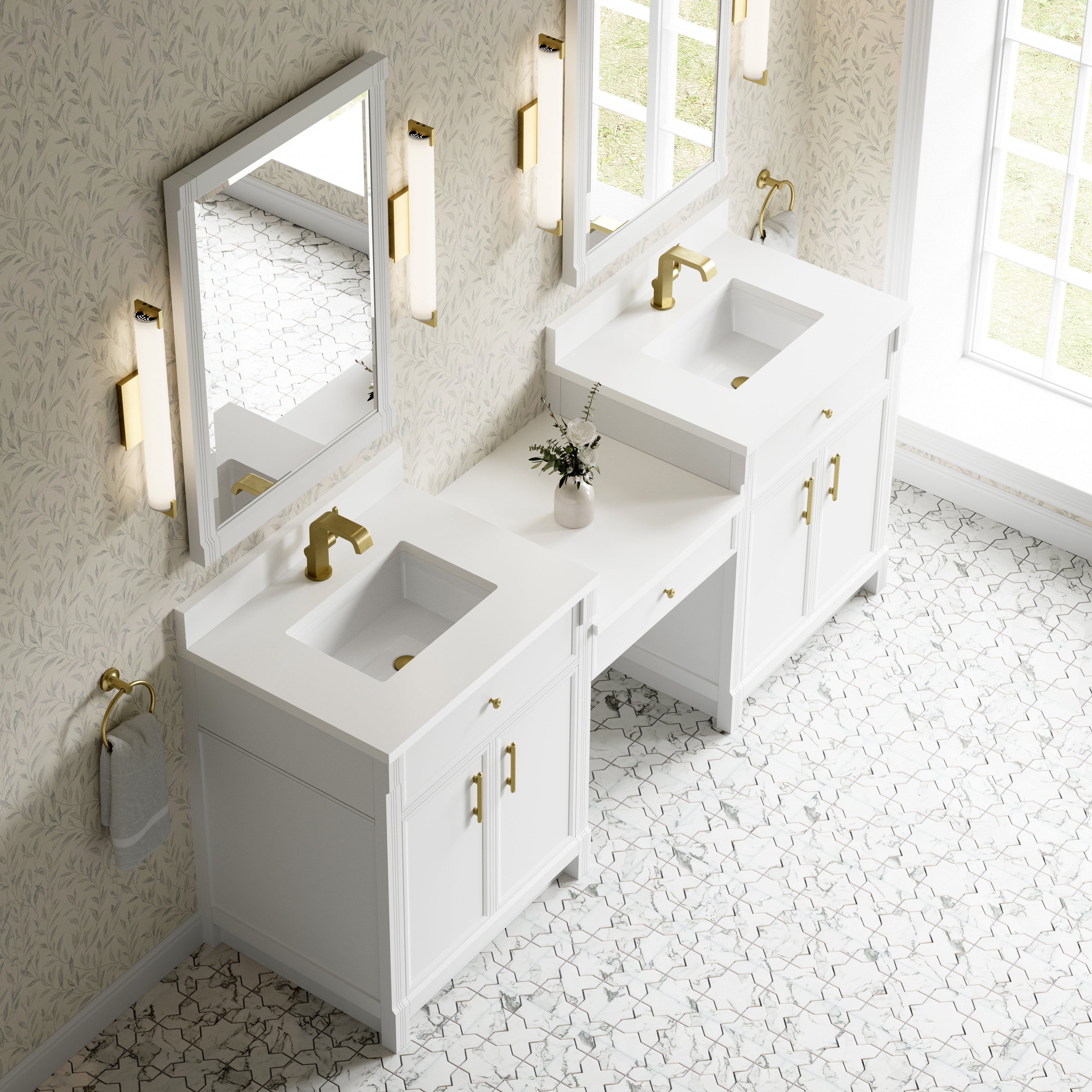 James Martin Bellshire 84" Dual Vanity Set with 24" Make-Up Counter in Bright White with 3cm Countertop