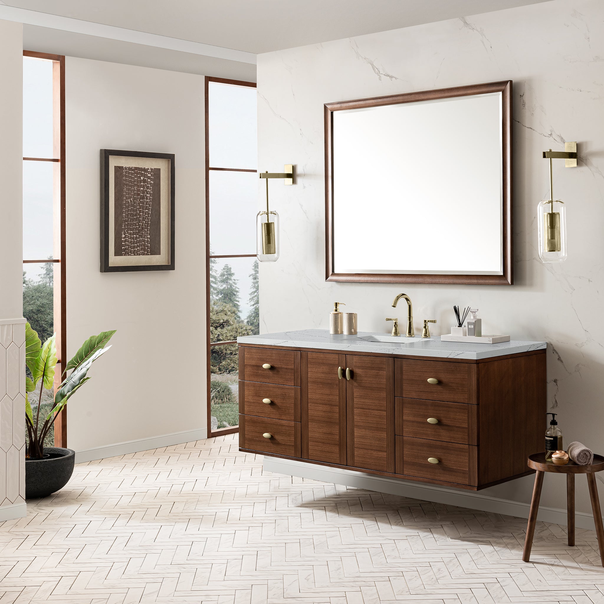 James Martin Amberly 60" Single Vanity in Mid-Century Walnut with 3cm Countertop and FreePower Wireless Charger