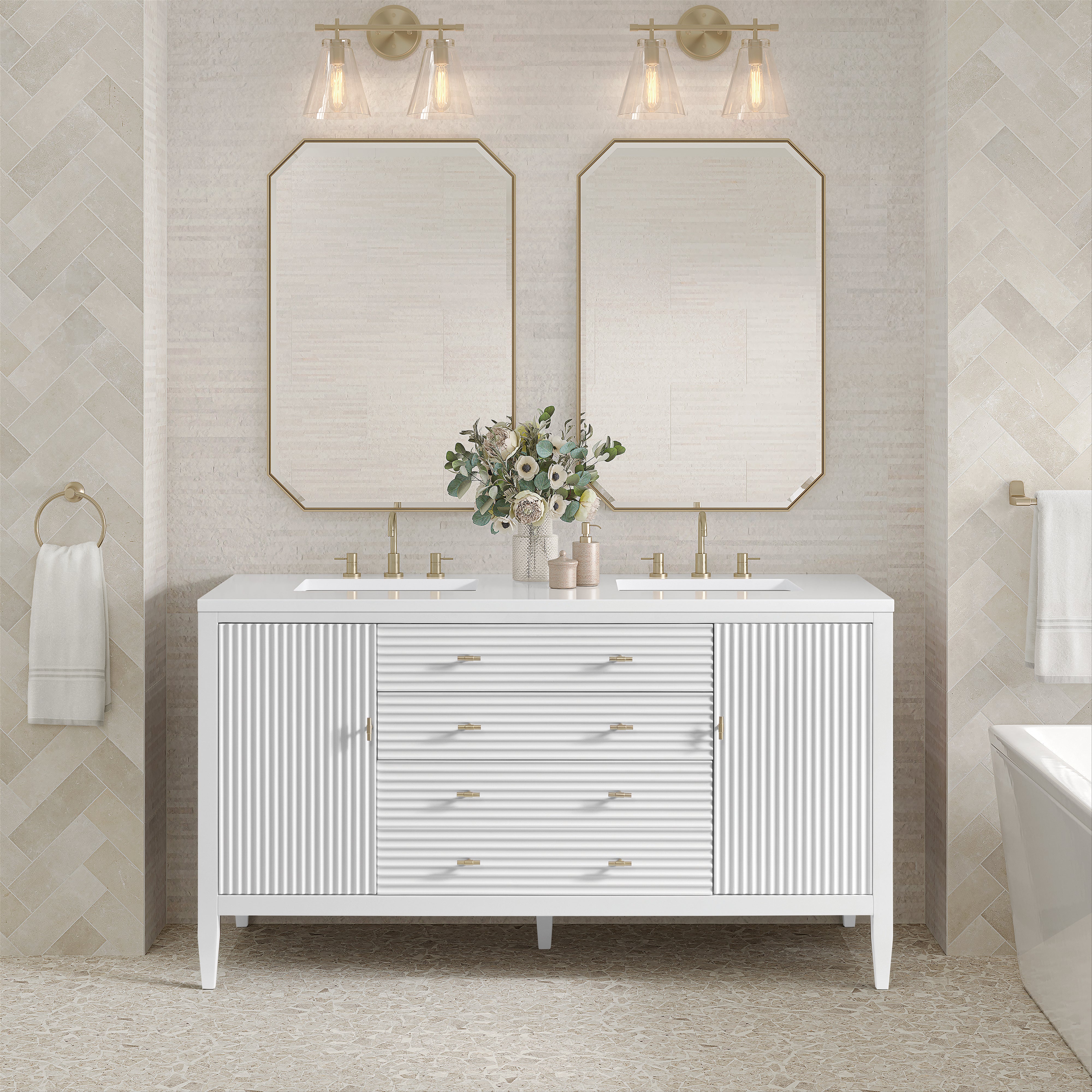 James Martin Myrrin 60" Double Vanity in Bright White with 3cm Countertop