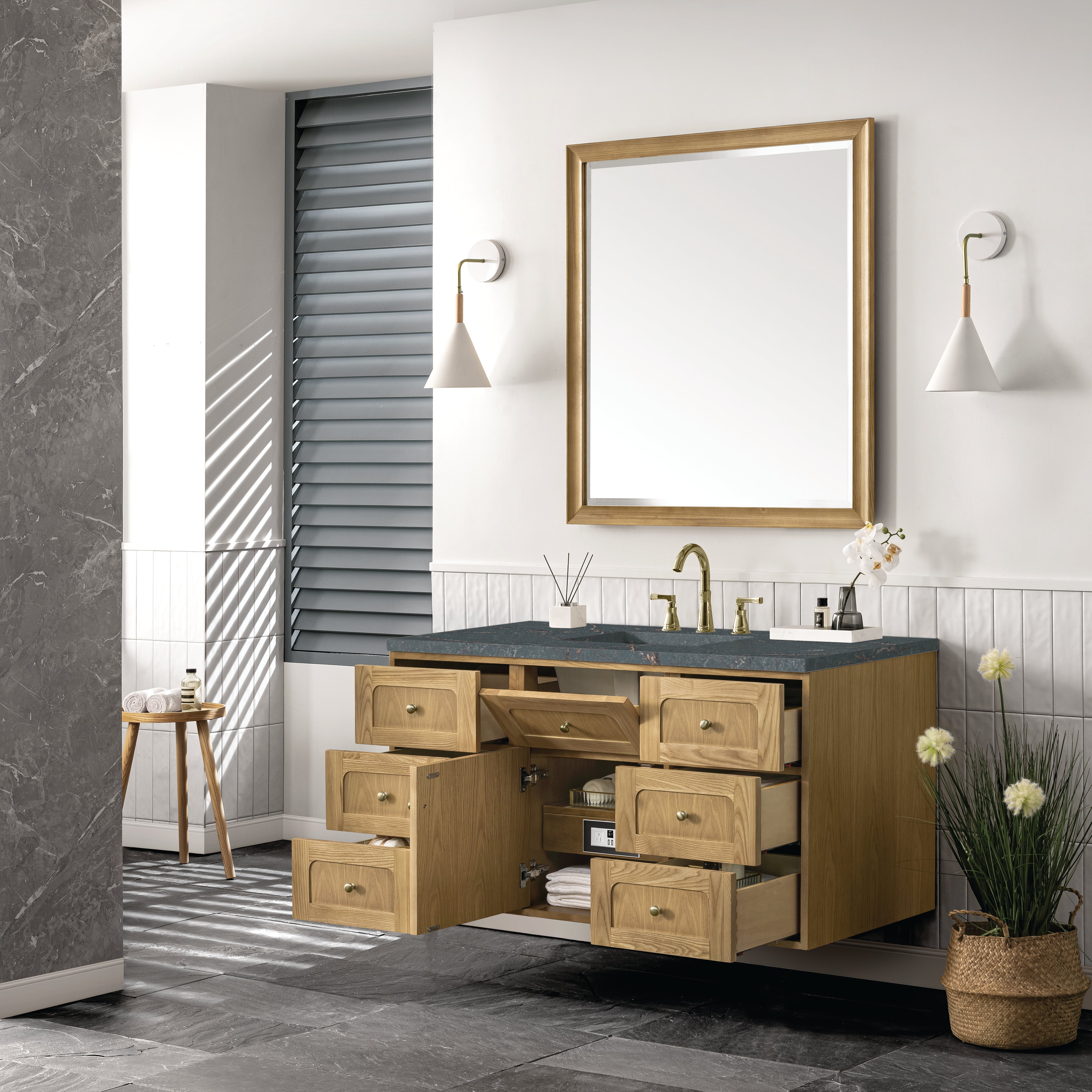 James Martin Laurent 48" Single Vanity in Light Natural Oak with 3cm Countertop and FreePower Wireless Charger