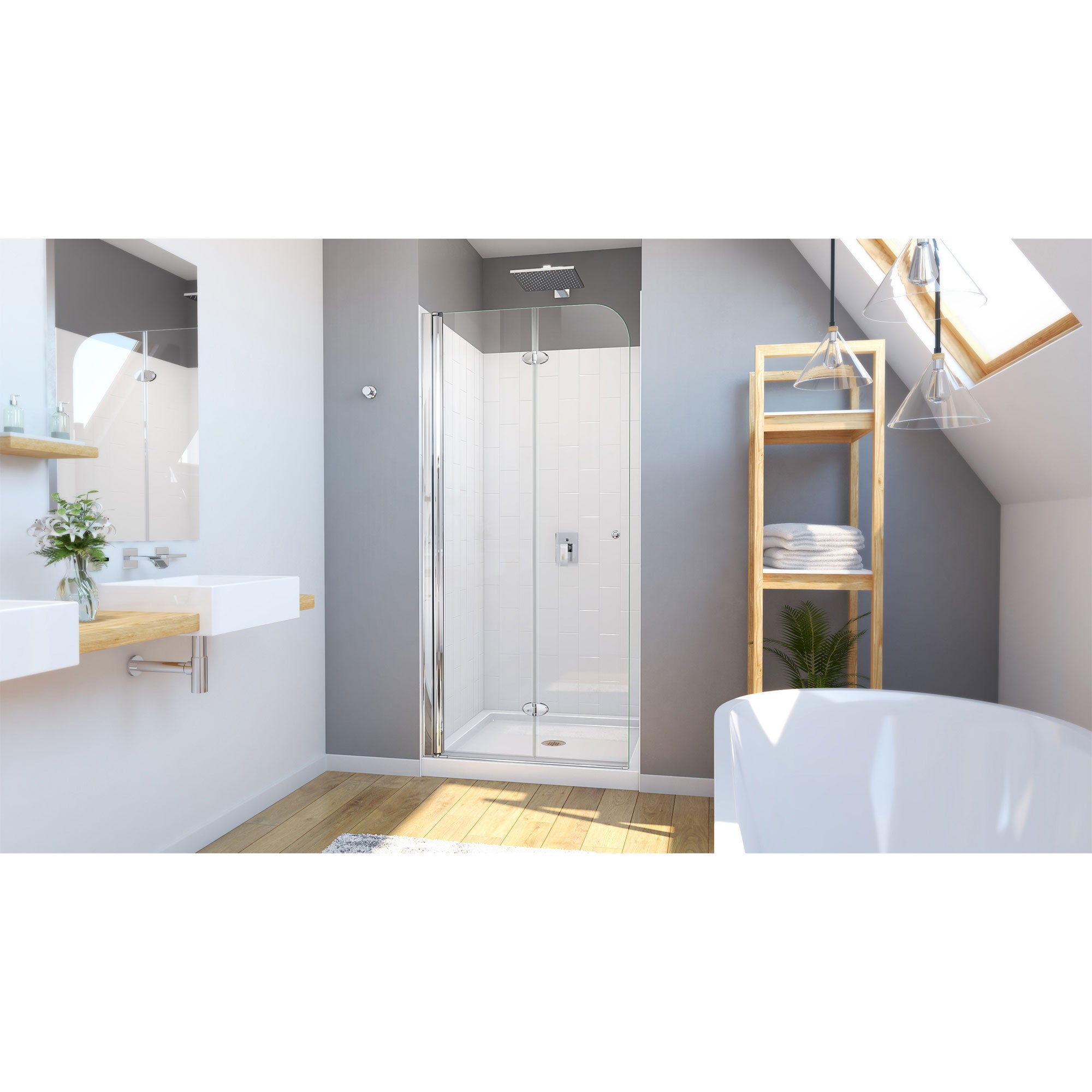 DreamLine Aqua Fold 36 inch D x 36 inch W x 78 3/4 inch H Frameless Bi-fold Shower Door in Chrome, Shower Base, and Wall Kit