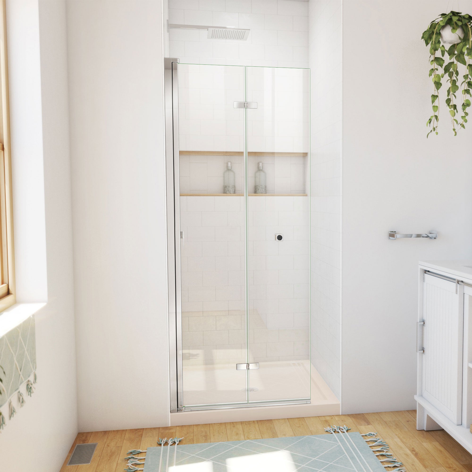 DreamLine Aqua-Q Fold 36 inch D x 36 inch W x 74 3/4 inch H Frameless Bi-fold Shower Door  with Center Drain Shower Base Kit