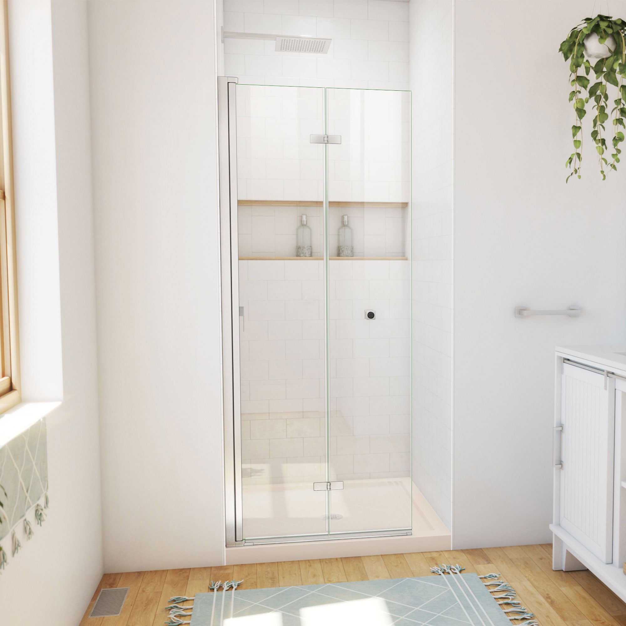 DreamLine Aqua-Q Fold 36 inch D x 36 inch W x 74 3/4 inch H Frameless Bi-fold Shower Door  with Center Drain Shower Base Kit