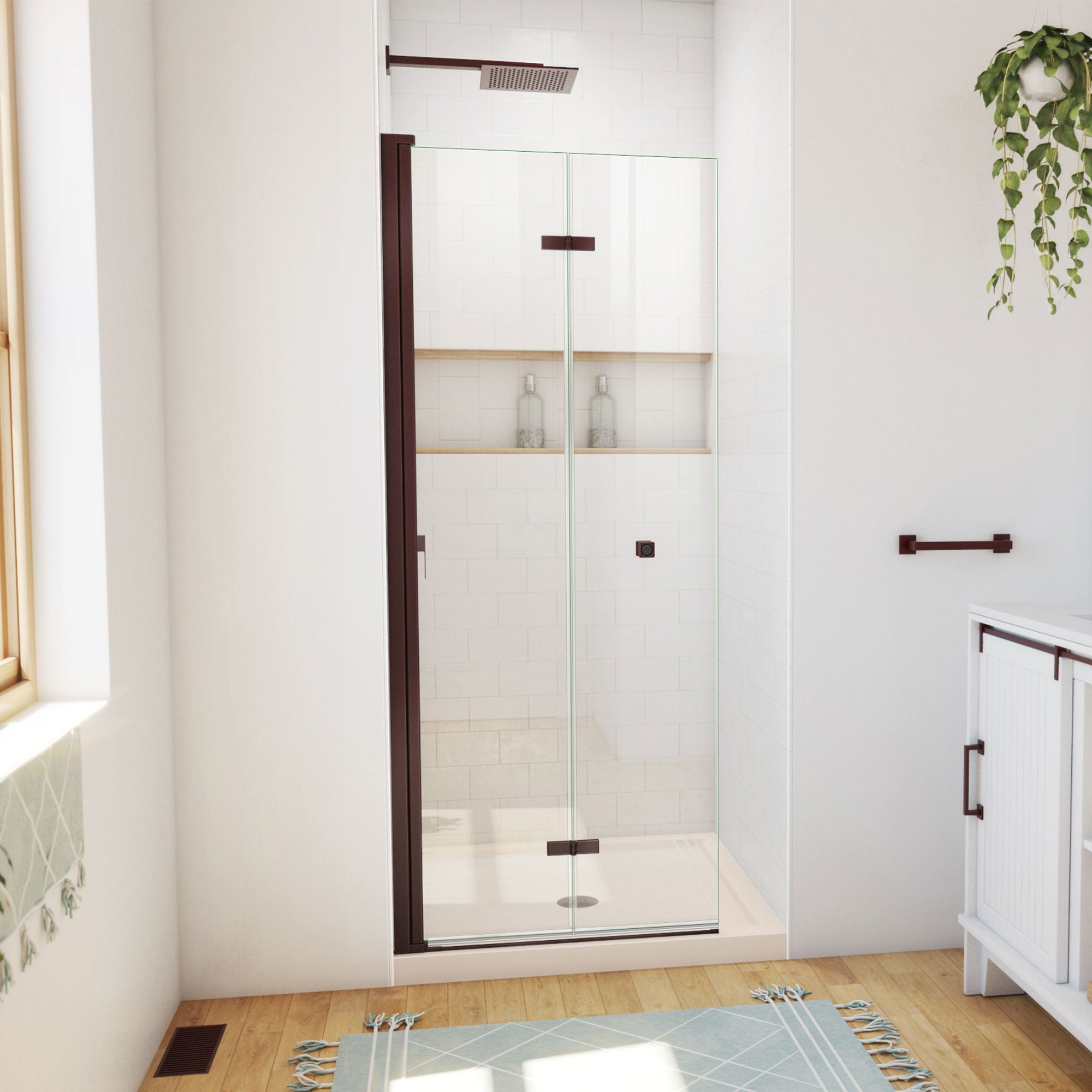 DreamLine Aqua-Q Fold 36 inch D x 36 inch W x 74 3/4 inch H Frameless Bi-fold Shower Door  with Center Drain Shower Base Kit