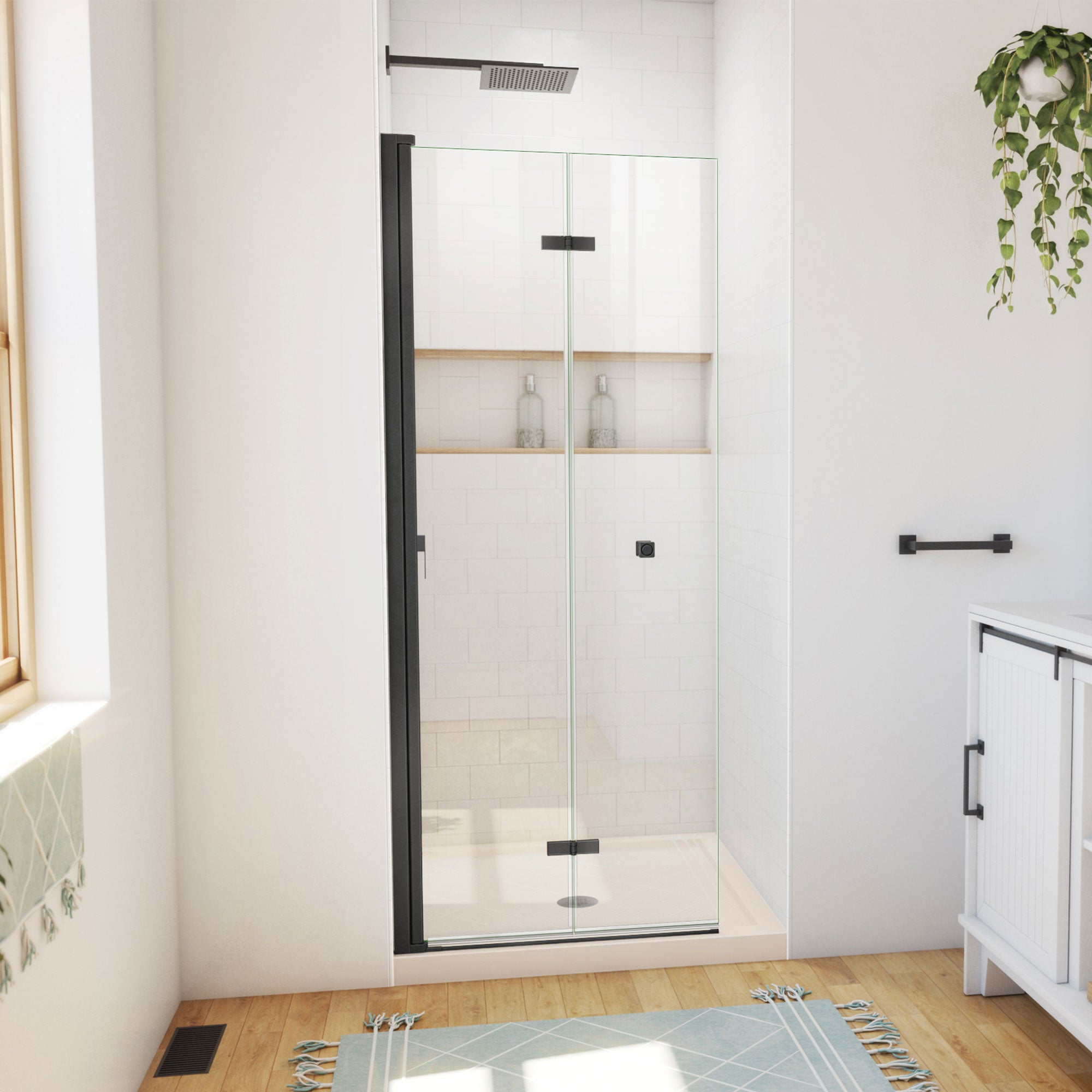 DreamLine Aqua-Q Fold 36 inch D x 36 inch W x 74 3/4 inch H Frameless Bi-fold Shower Door  with Center Drain Shower Base Kit