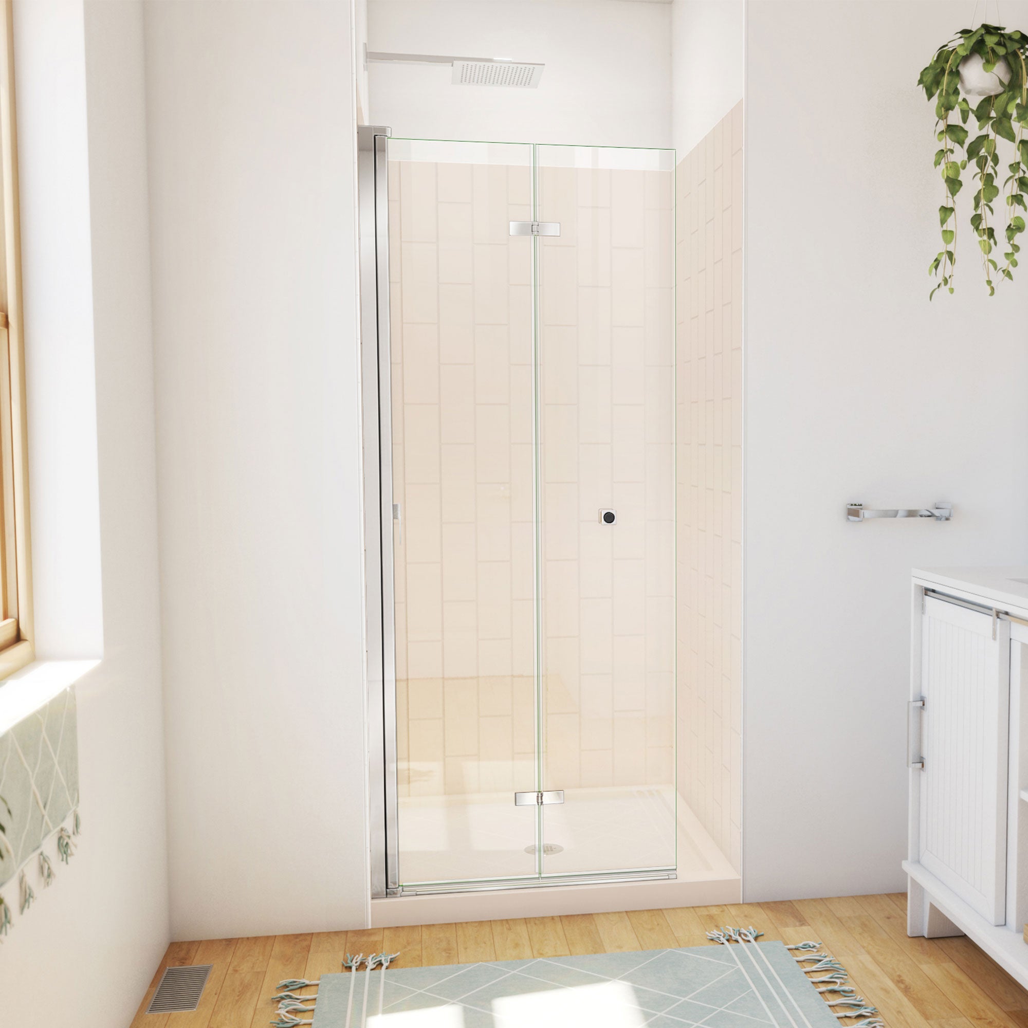 DreamLine Aqua-Q Fold 32 inch D x 32 inch W x 78 3/4 inch H Frameless Bi-fold Shower Door, Shower Base, and Wall Kit