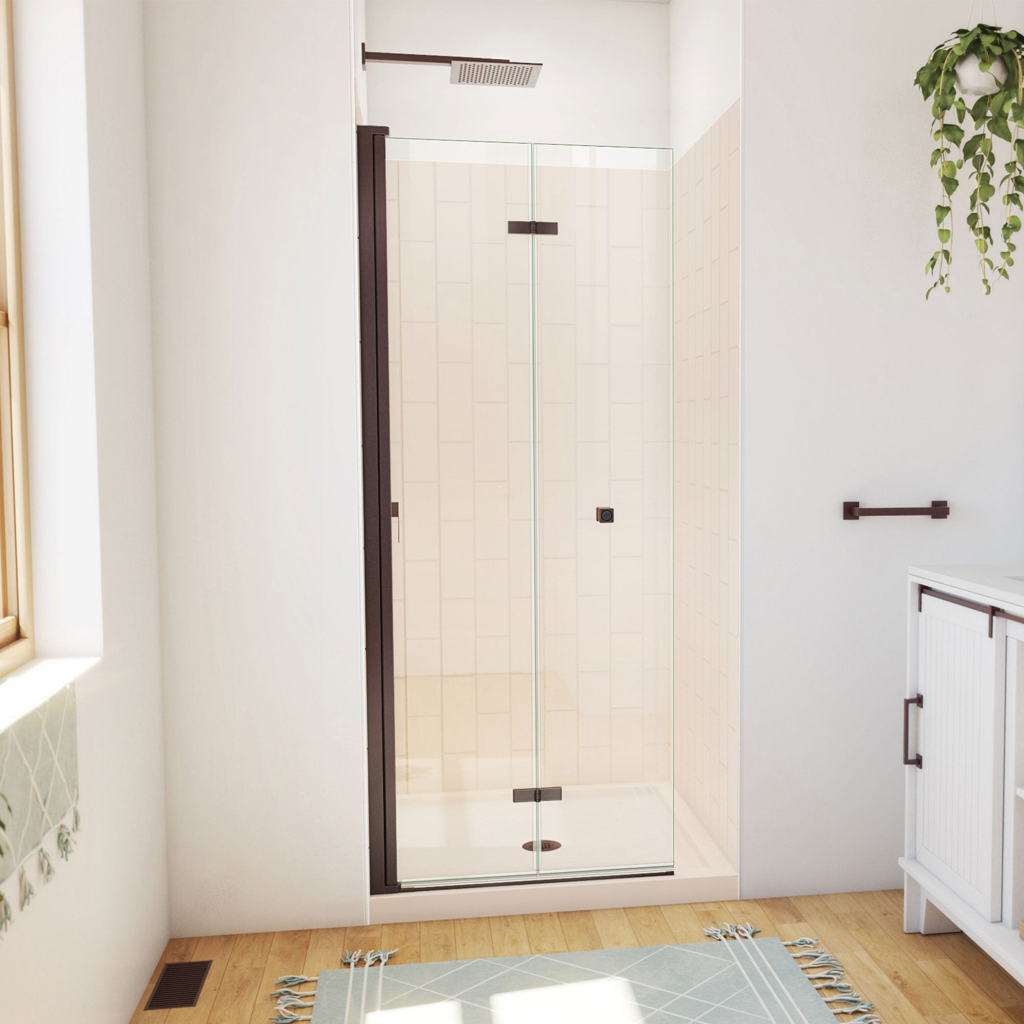 DreamLine Aqua-Q Fold 32 inch D x 32 inch W x 78 3/4 inch H Frameless Bi-fold Shower Door, Shower Base, and Wall Kit