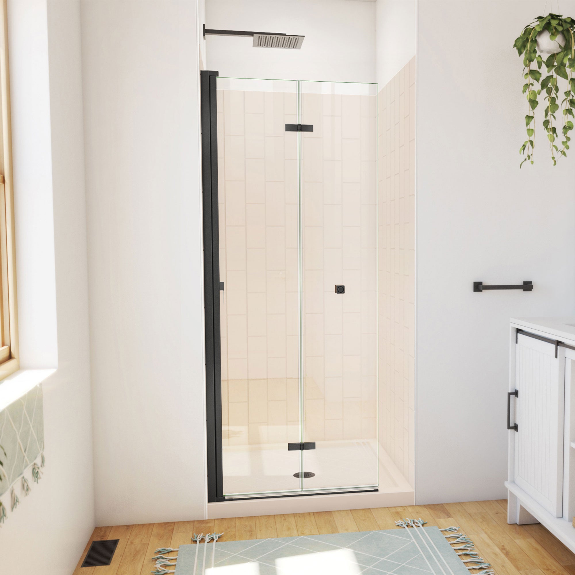 DreamLine Aqua-Q Fold 32 inch D x 32 inch W x 78 3/4 inch H Frameless Bi-fold Shower Door, Shower Base, and Wall Kit