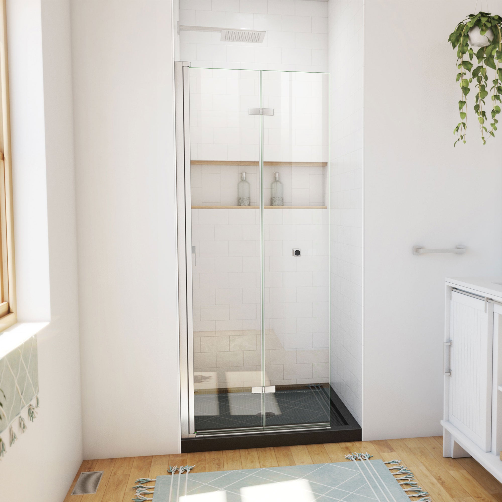 DreamLine Aqua-Q Fold 36 inch D x 36 inch W x 74 3/4 inch H Frameless Bi-fold Shower Door  with Center Drain Shower Base Kit