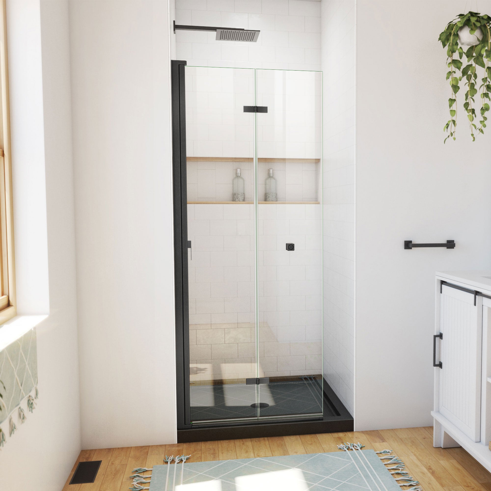DreamLine Aqua-Q Fold 36 inch D x 36 inch W x 74 3/4 inch H Frameless Bi-fold Shower Door  with Center Drain Shower Base Kit