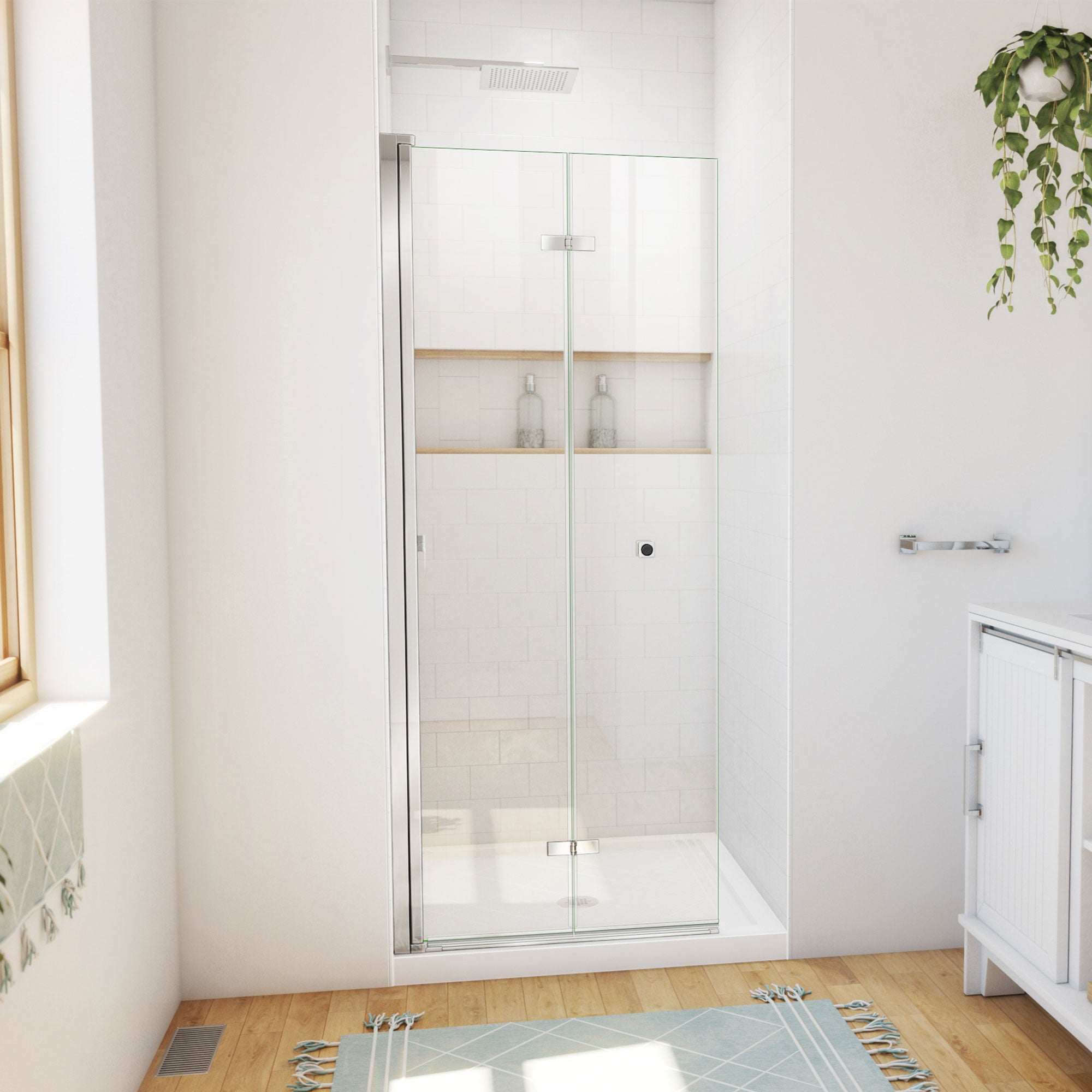DreamLine Aqua-Q Fold 36 inch D x 36 inch W x 74 3/4 inch H Frameless Bi-fold Shower Door  with Center Drain Shower Base Kit