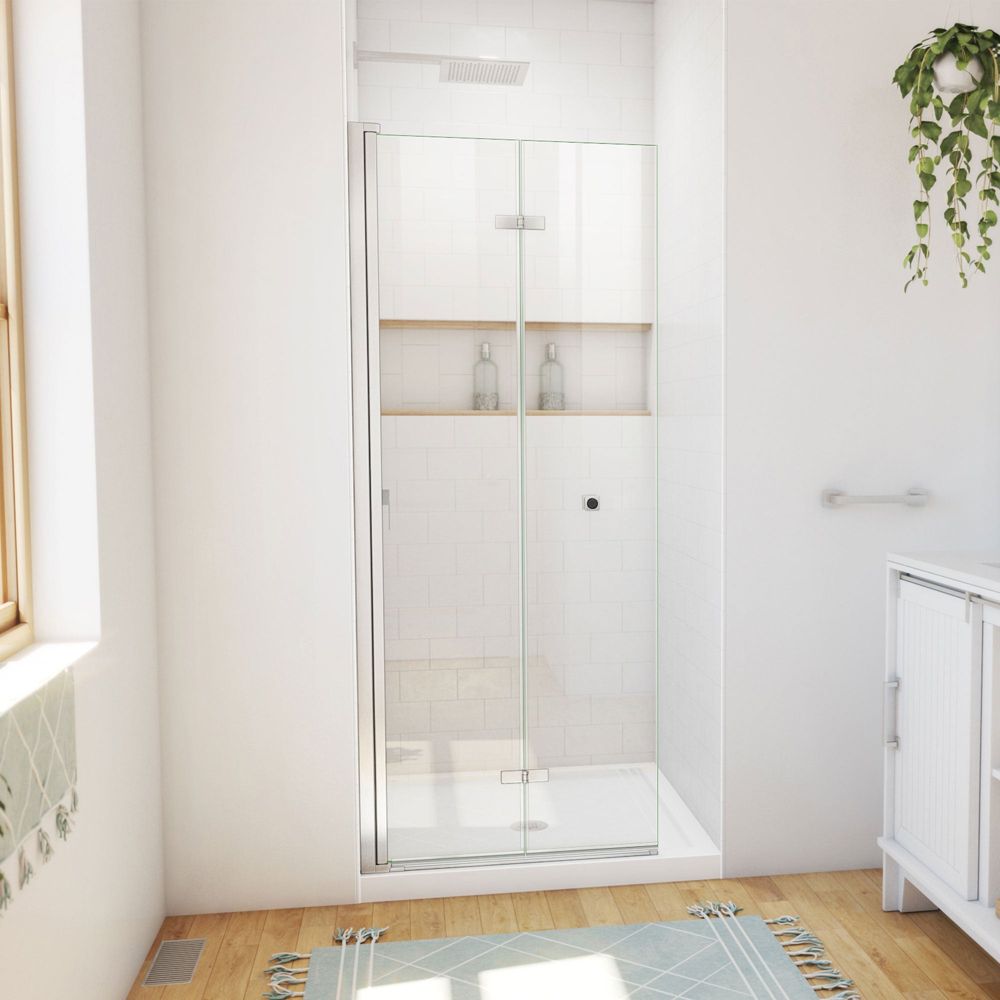 DreamLine Aqua-Q Fold 36 inch D x 36 inch W x 74 3/4 inch H Frameless Bi-fold Shower Door  with Center Drain Shower Base Kit