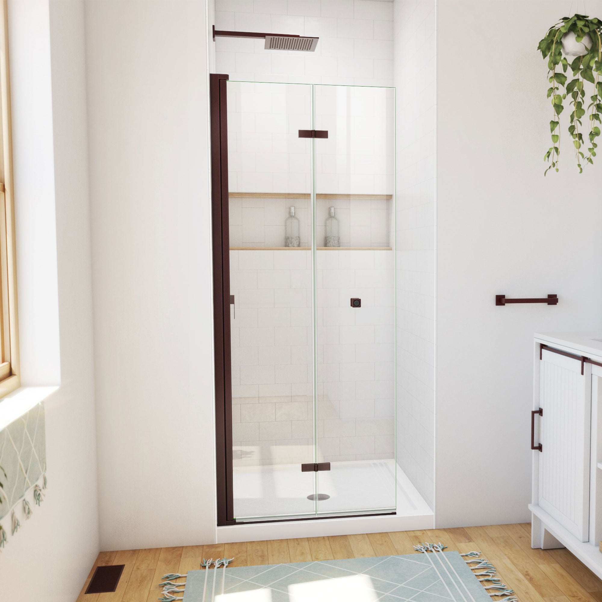 DreamLine Aqua-Q Fold 36 inch D x 36 inch W x 74 3/4 inch H Frameless Bi-fold Shower Door  with Center Drain Shower Base Kit