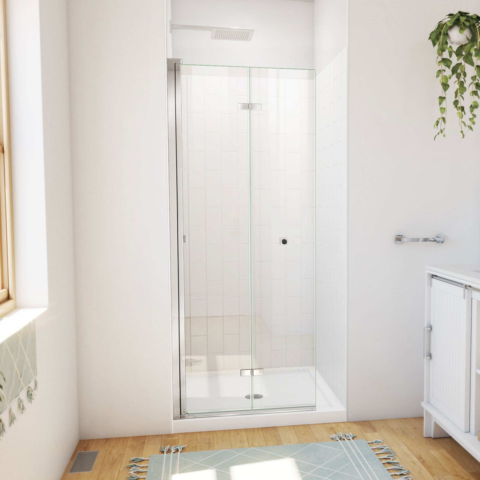 DreamLine Aqua-Q Fold 32 inch D x 32 inch W x 78 3/4 inch H Frameless Bi-fold Shower Door, Shower Base, and Wall Kit
