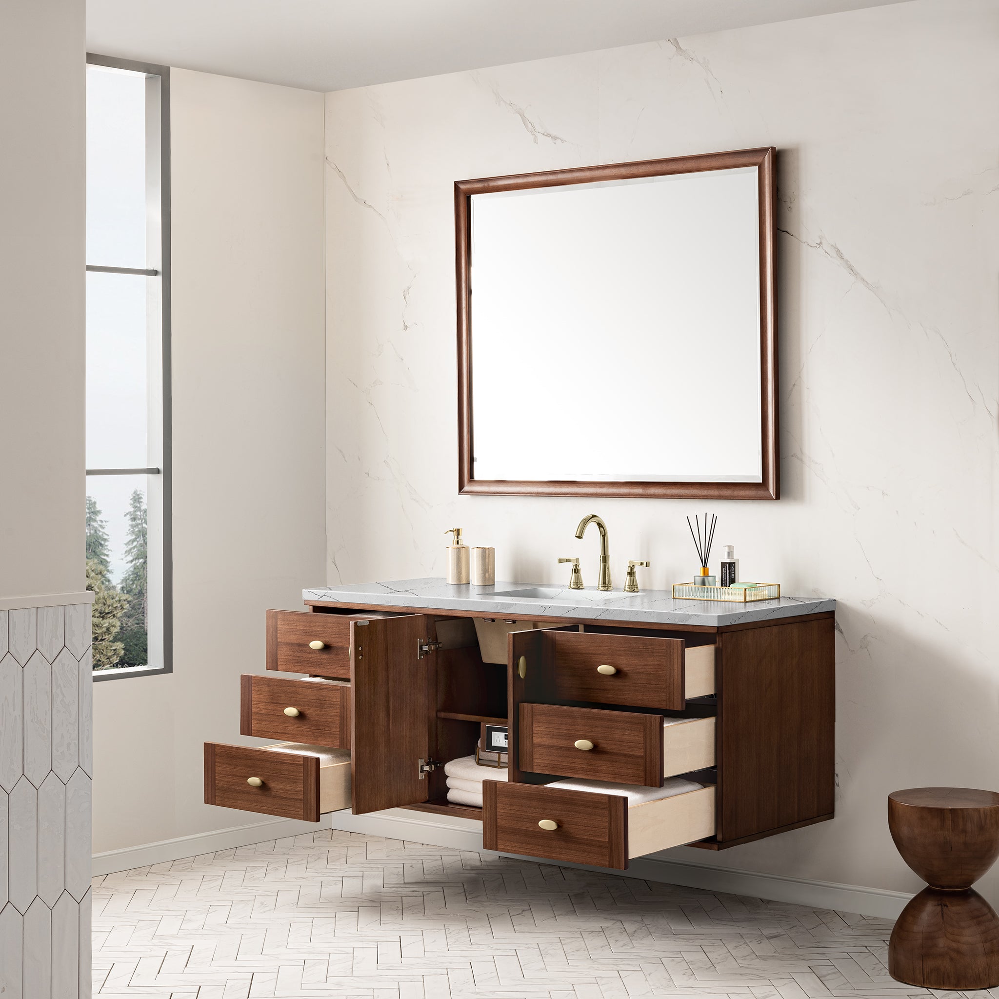 James Martin Amberly 60" Single Vanity in Mid-Century Walnut with 3cm Countertop
