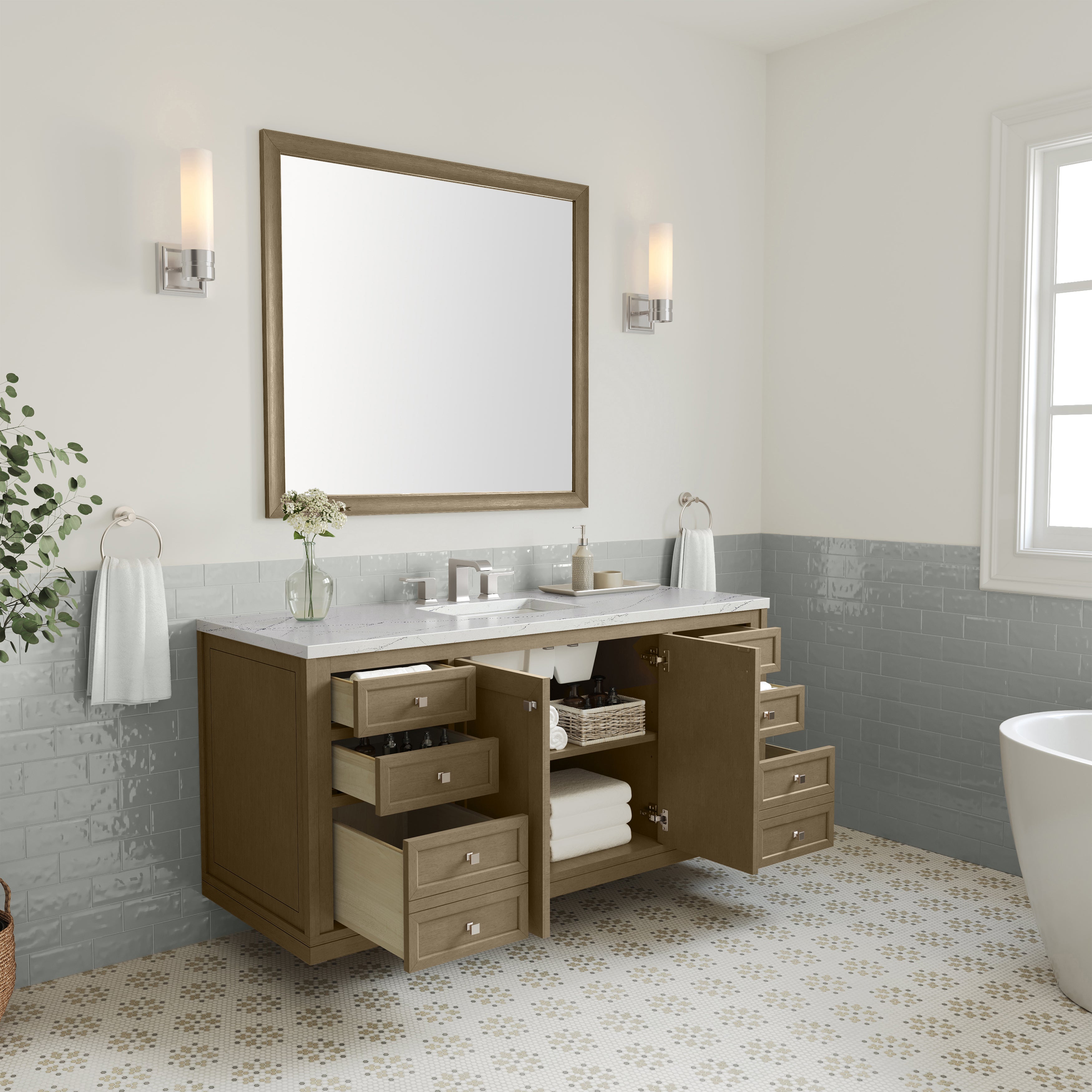 James Martin Chicago 60" Single Vanity in Walnut Whisper with 3cm Countertop and FreePower Wireless Charger
