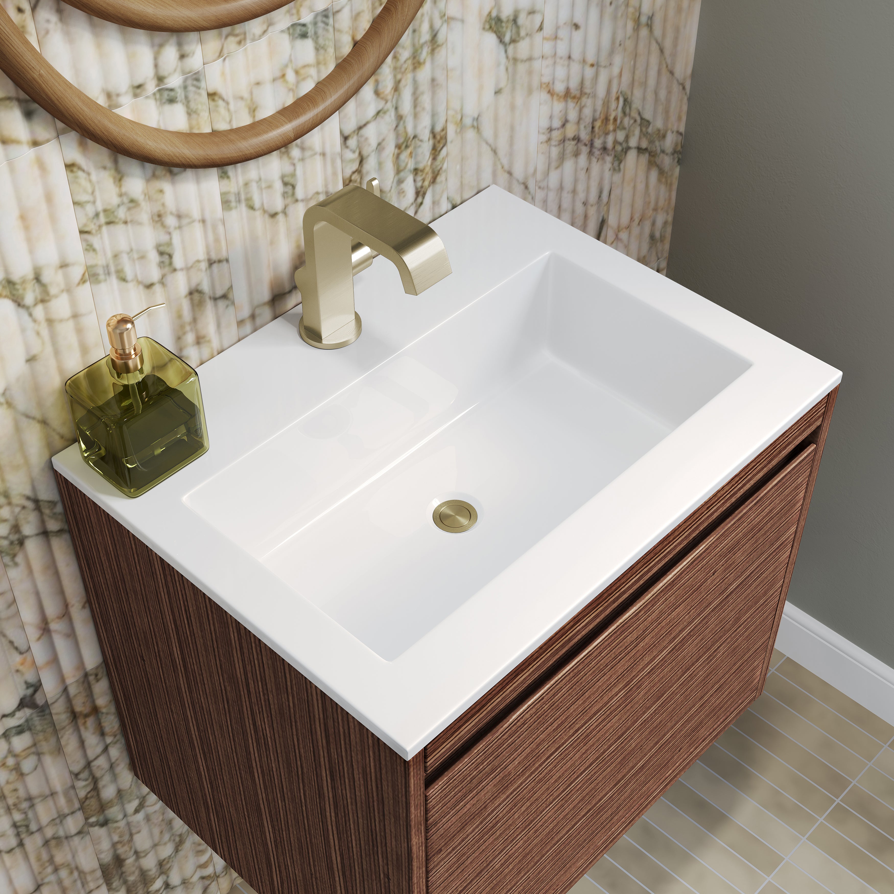 James Martin Mantova 23.6" Single Vanity, Mid-Century Walnut, Champagne Brass Base with Charcoal Black Composite Stone Top