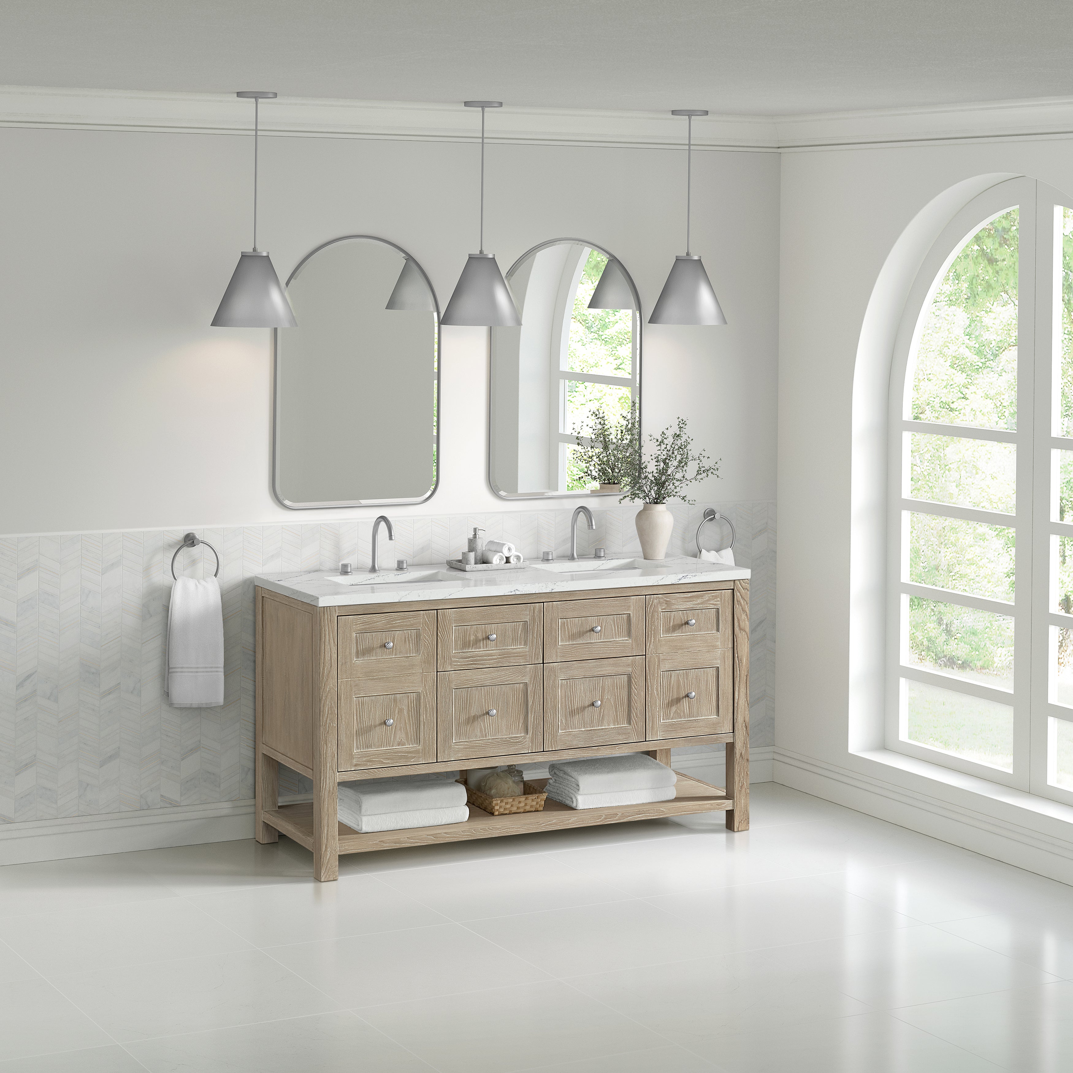 James Martin Breckenridge 60" Double Vanity in Whitewashed Oak with 3cm Countertop and FreePower Wireless Charger