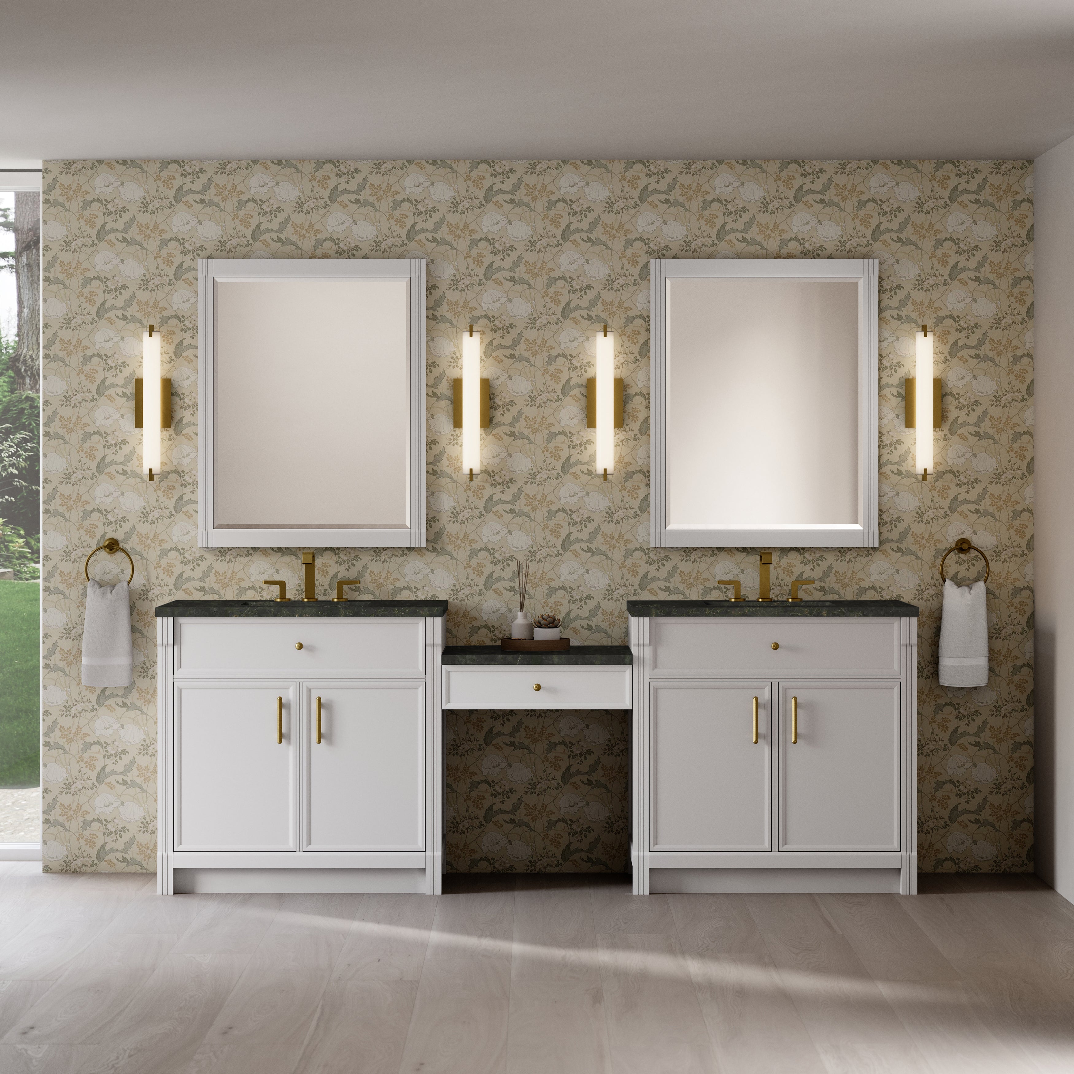 James Martin Bellshire 96" Dual Vanity Set with 24" Make-Up Counter in Bright White with 3cm Countertop