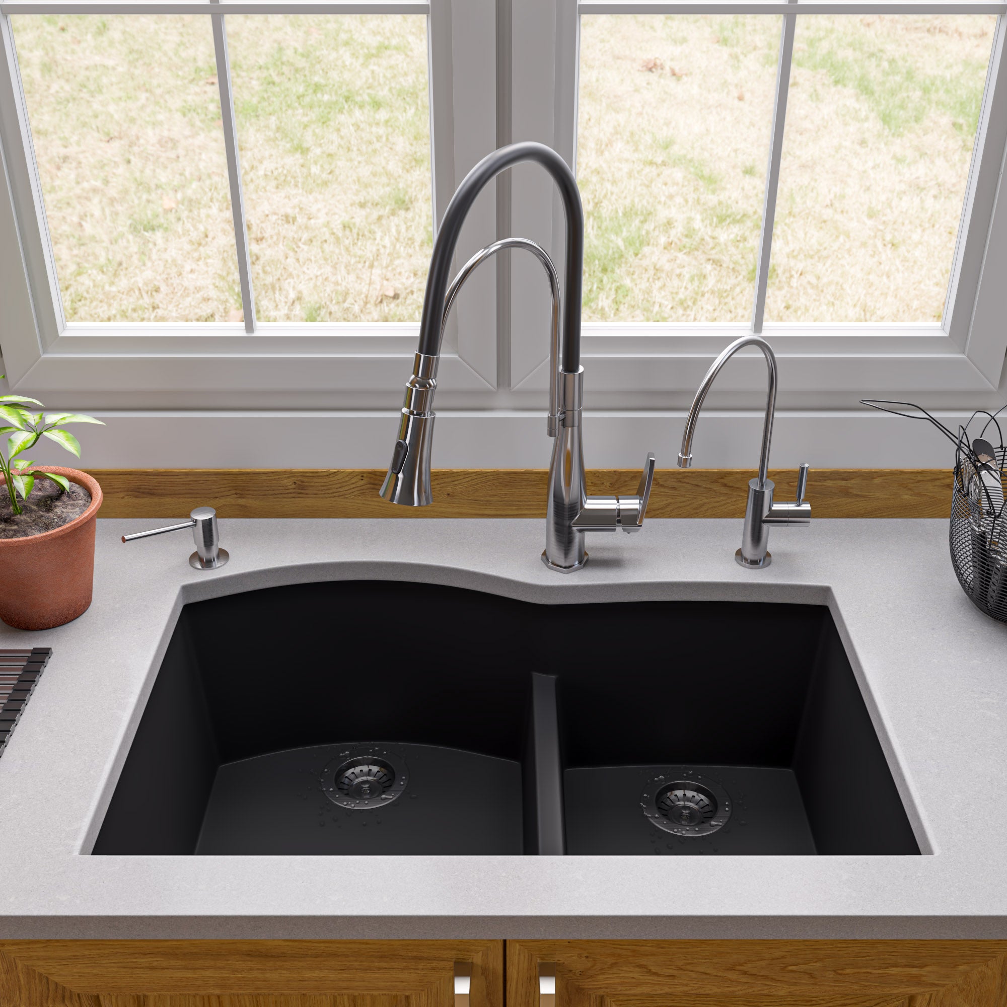ALFI brand AB3320UM 33" Double Bowl Undermount Granite Composite Kitchen Sink
