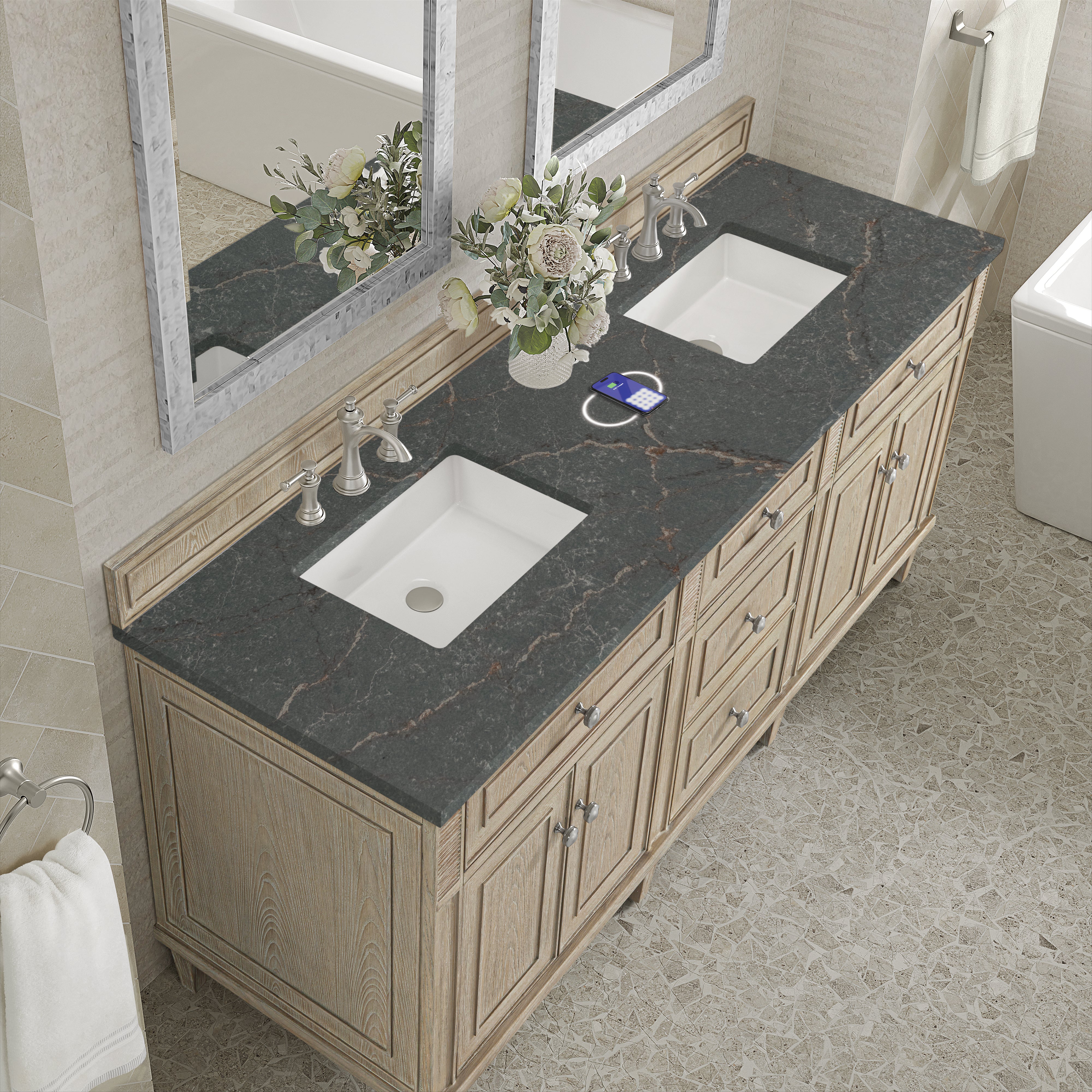 James Martin Lorelai 72" Double Vanity in Whitewashed Oak with 3cm Countertop and FreePower Wireless Charger