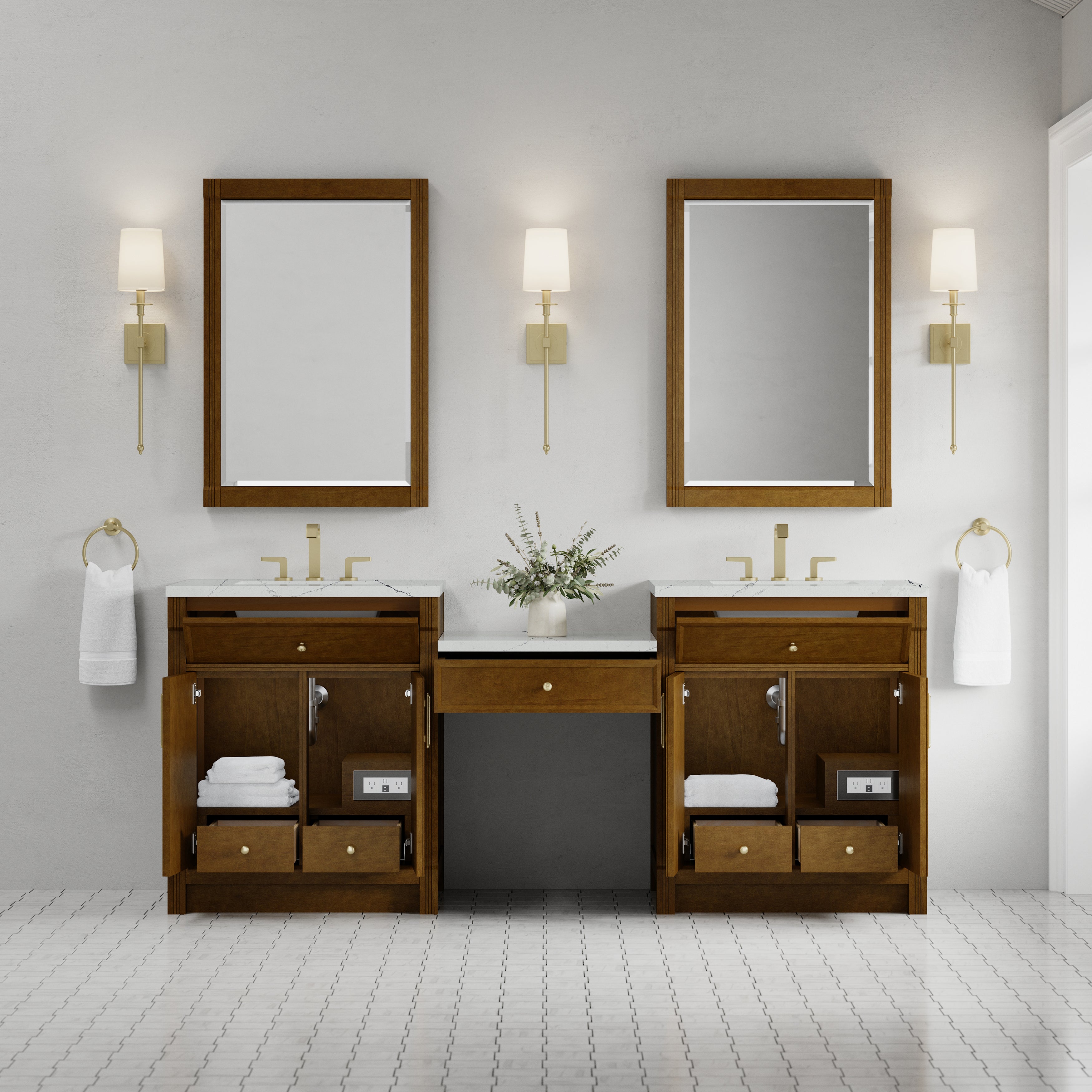 James Martin Bellshire 84" Dual Vanity Set with 24" Make-Up Counter in Honey Oak with 3cm Countertop