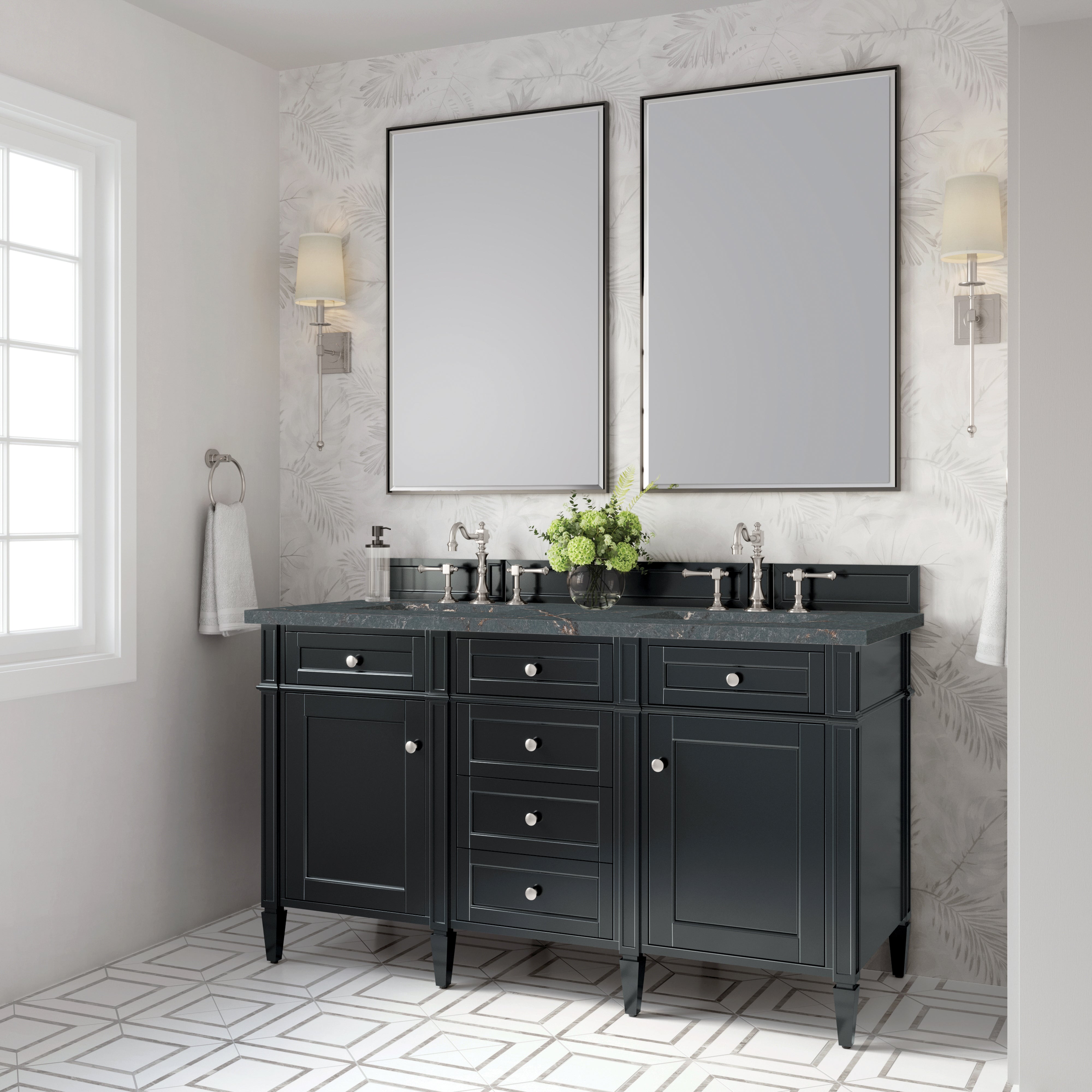 James Martin Brittany 60" Double Vanity in Black Onyx with 3cm Countertop and FreePower Wireless Charger