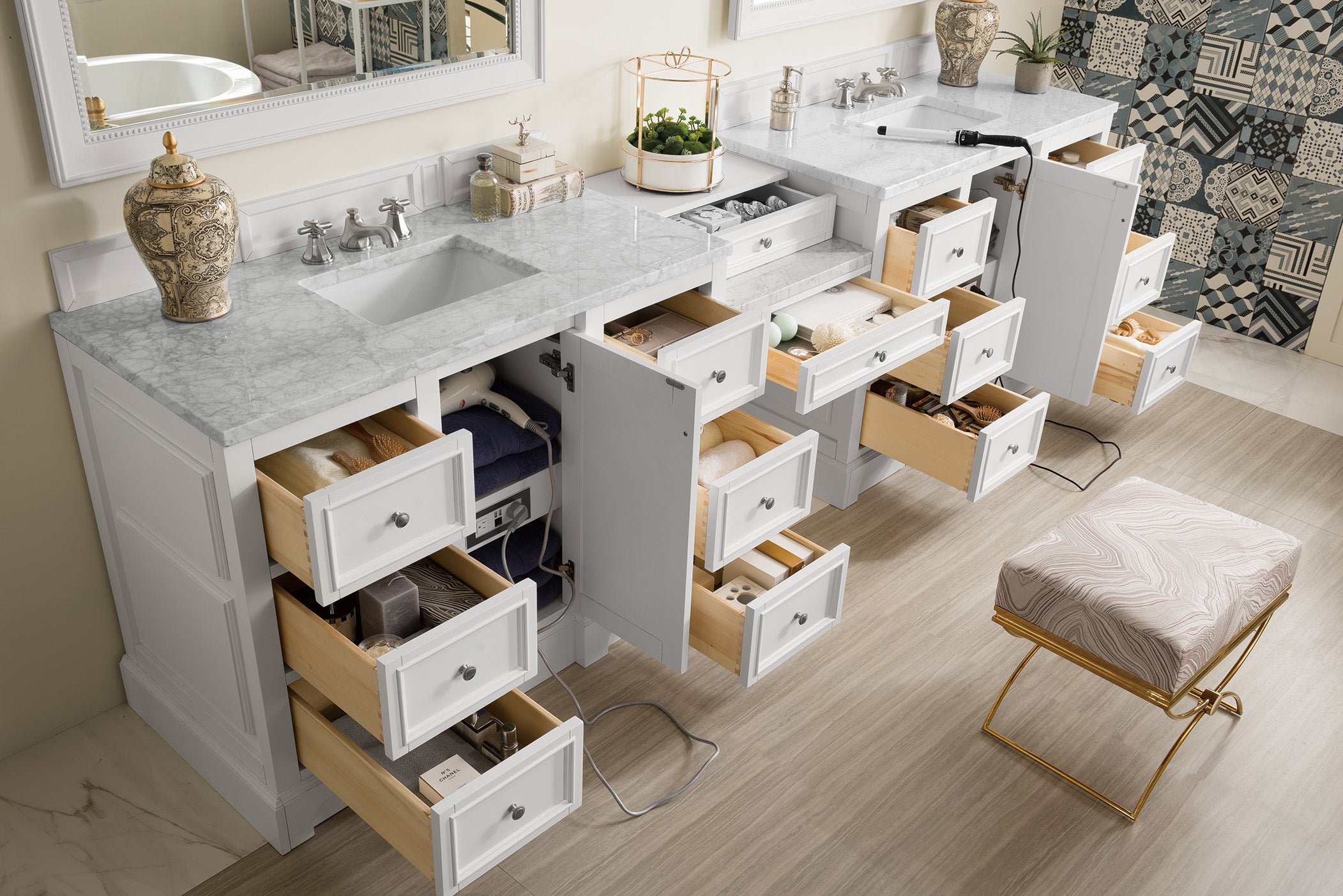 James Martin De Soto 118" Double Vanity Set in Bright White with 3cm Countertop
