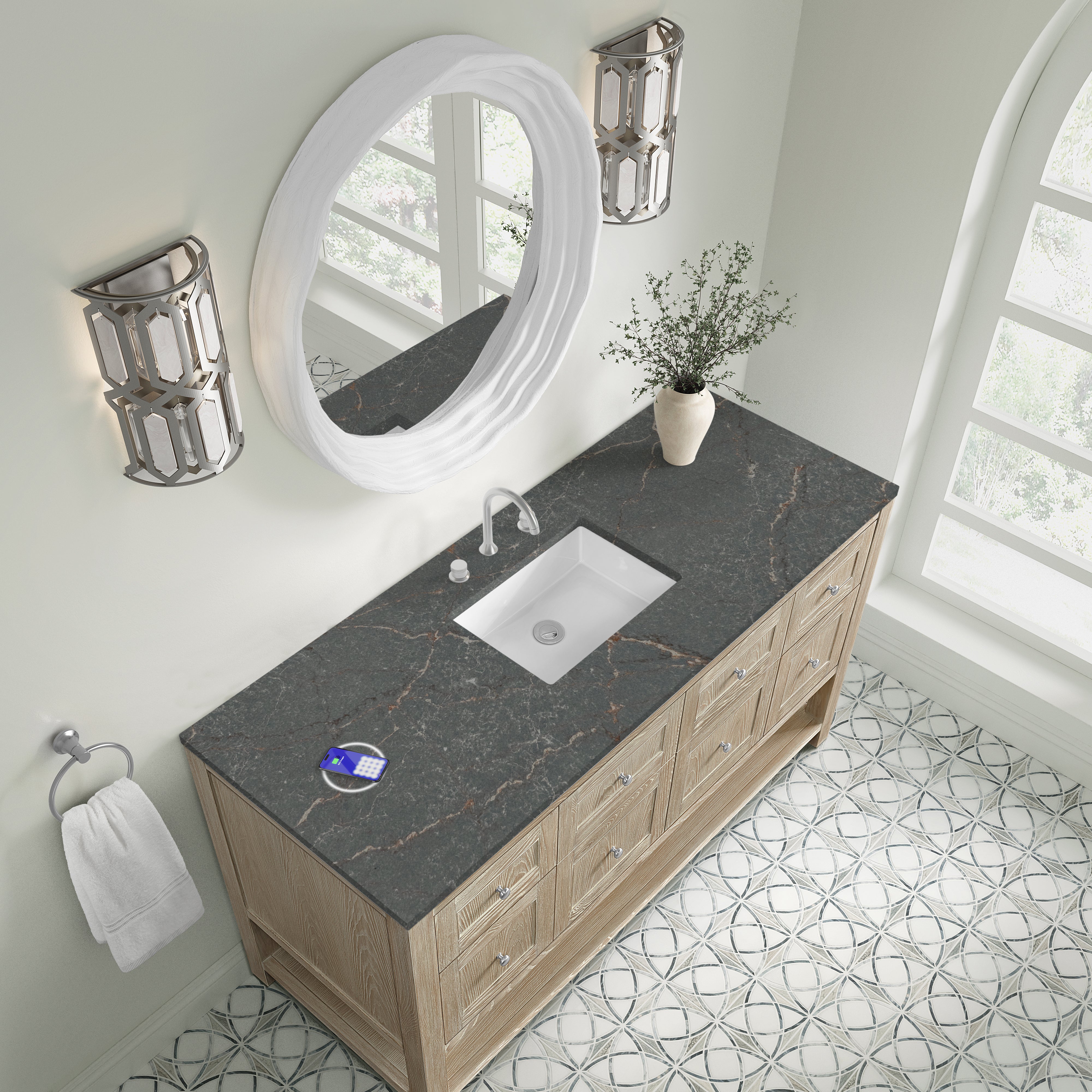 James Martin Breckenridge 60" Single Vanity in Whitewashed Oak with 3cm Countertop and FreePower Wireless Charger
