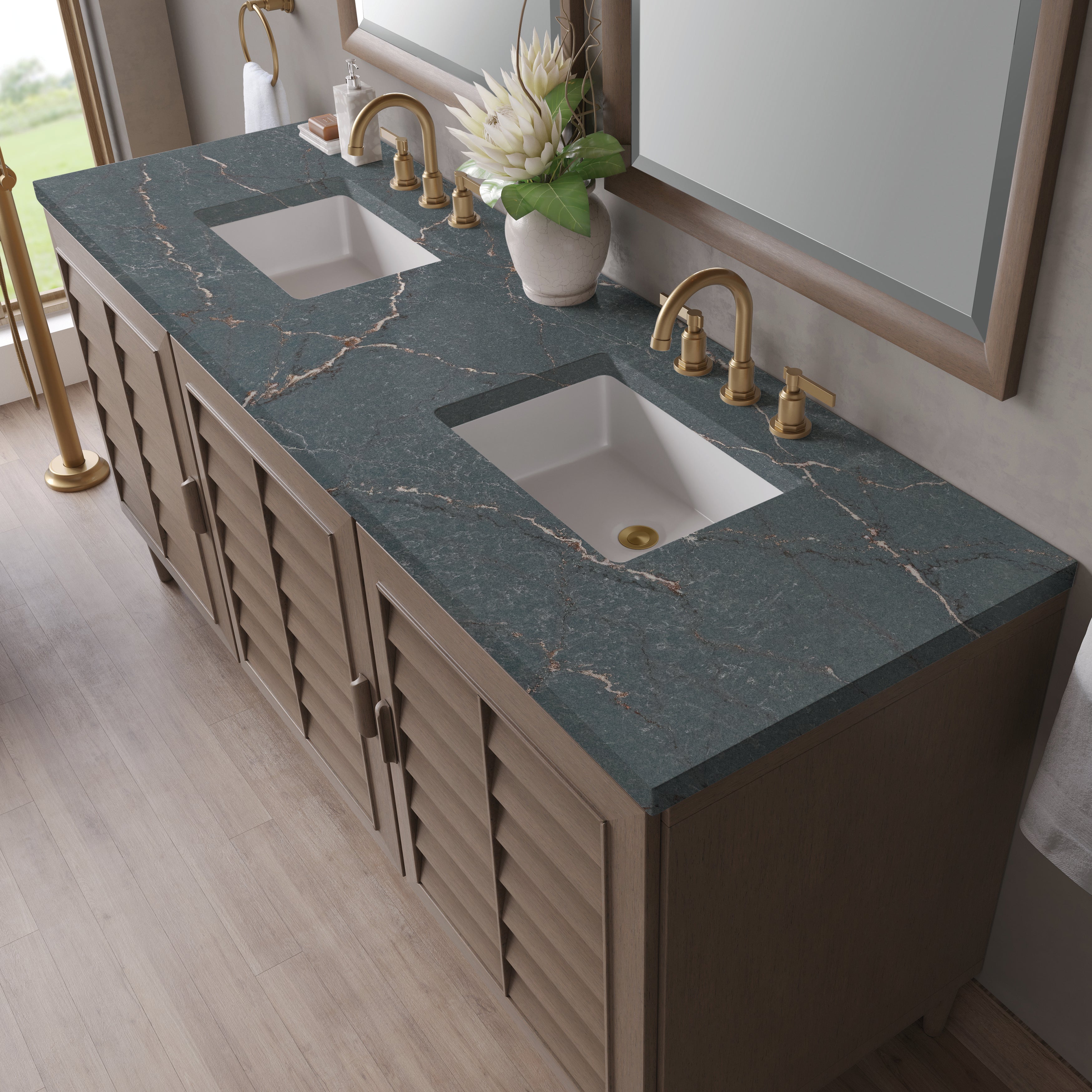 James Martin Portland 72" Double Vanity in Whitewashed Walnut with 3cm Countertop and FreePower Wireless Charger