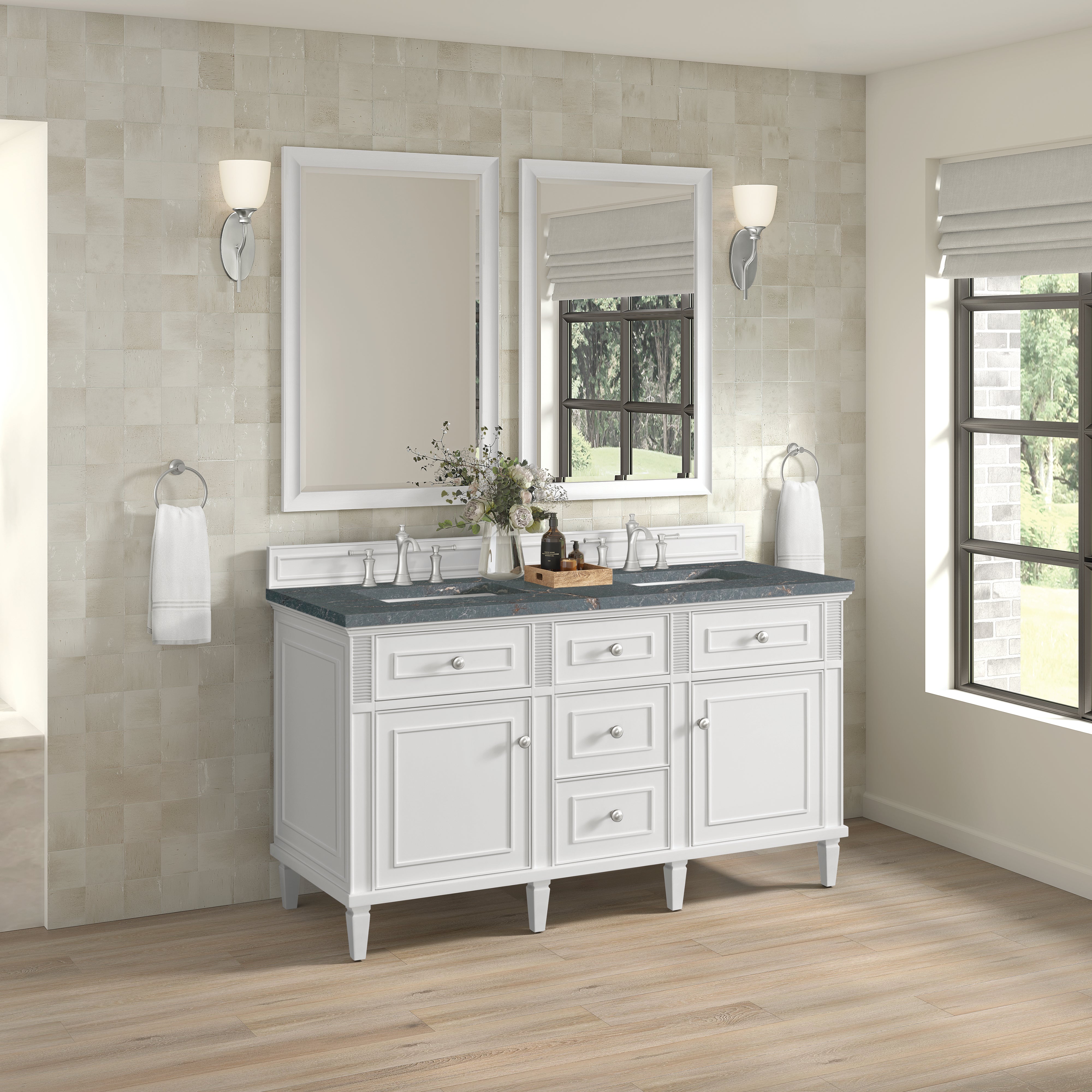 James Martin Lorelai 60" Double Vanity in Bright White with 3cm Countertop and FreePower Wireless Charger